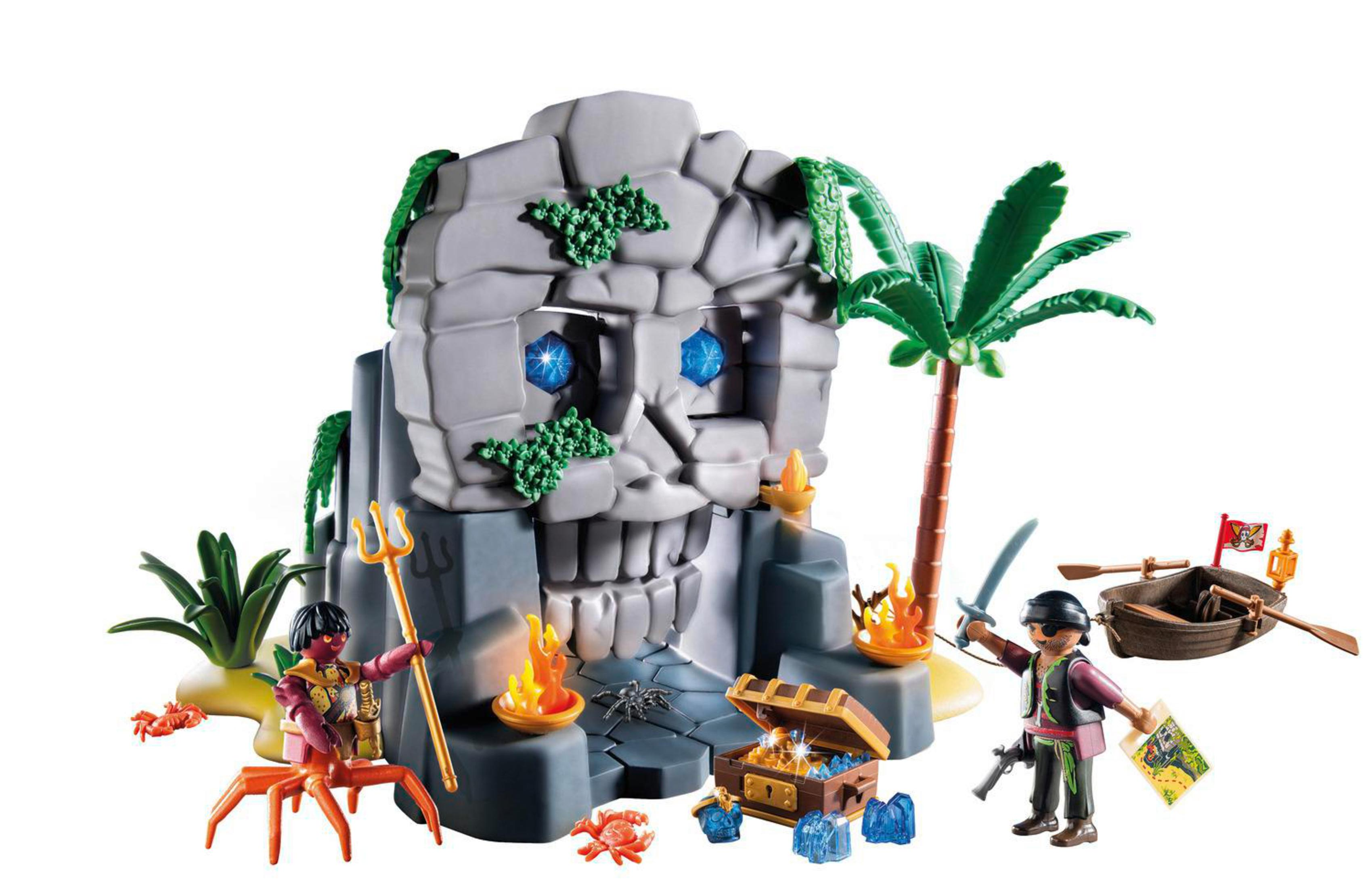 Piraten-Szene mit Totenkopf, Schatz und Figuren. Weißer Hintergrund.