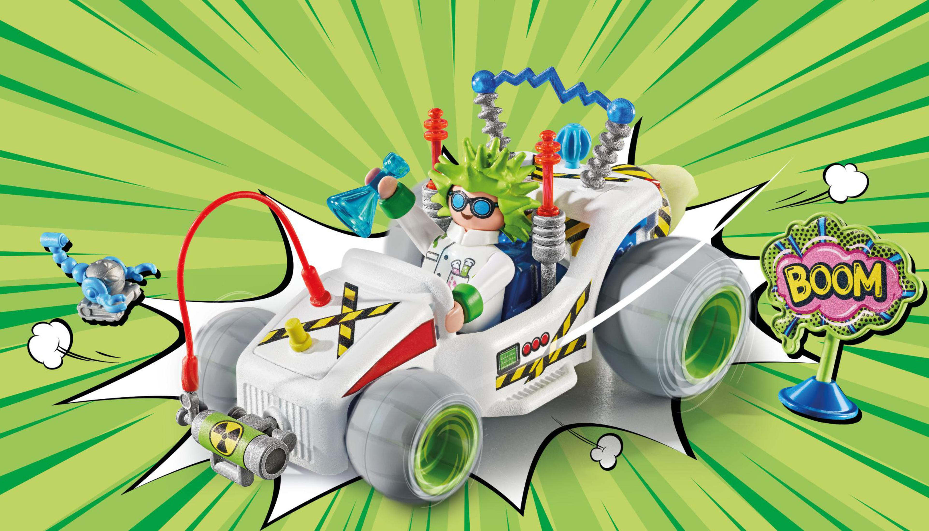 Scienziato giocattolo in un'auto con una nuvoletta boom, sfondo verde.