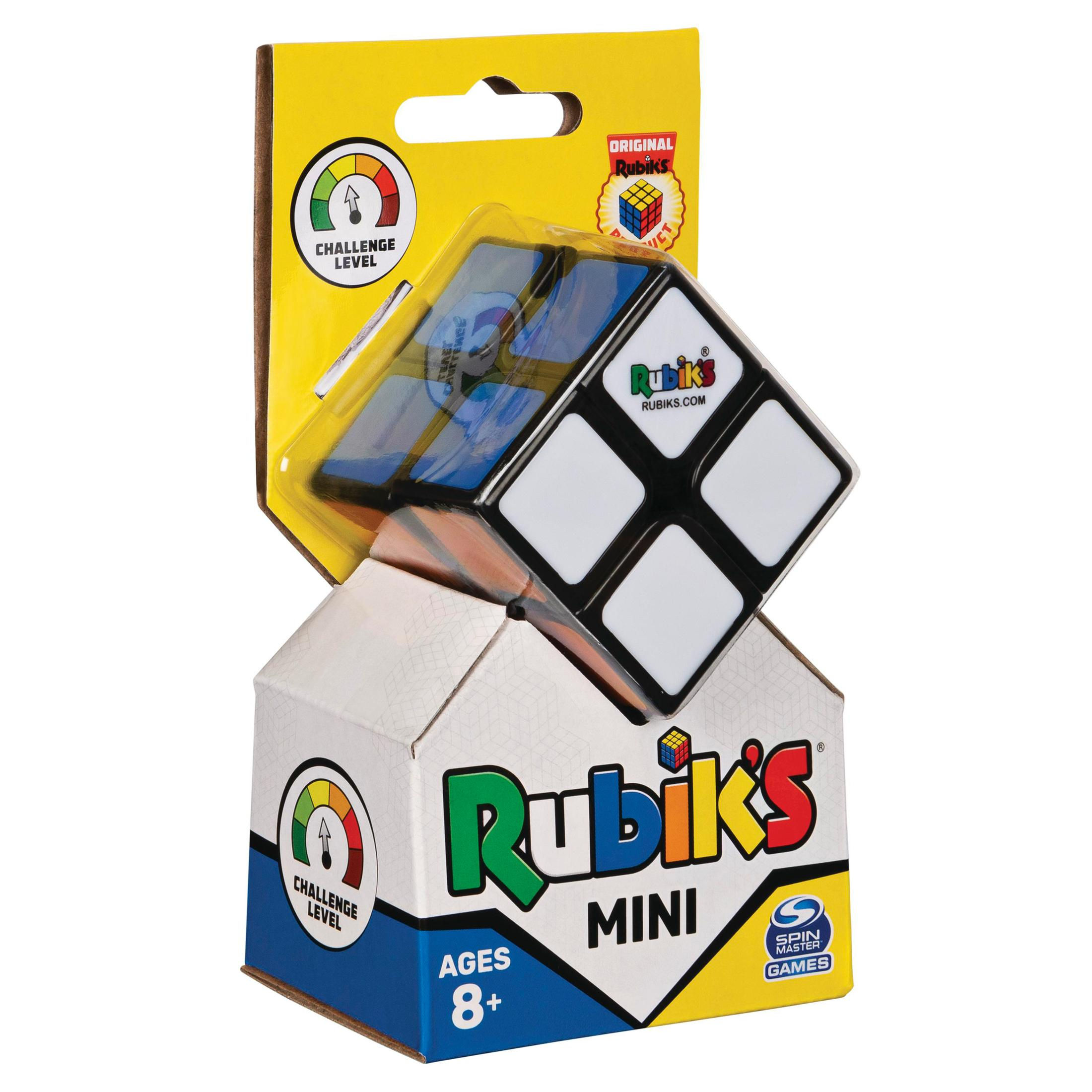Cubo Rubik's Mini in una scatola. La scatola ha un indicatore del livello di sfida e il logo Rubik's.