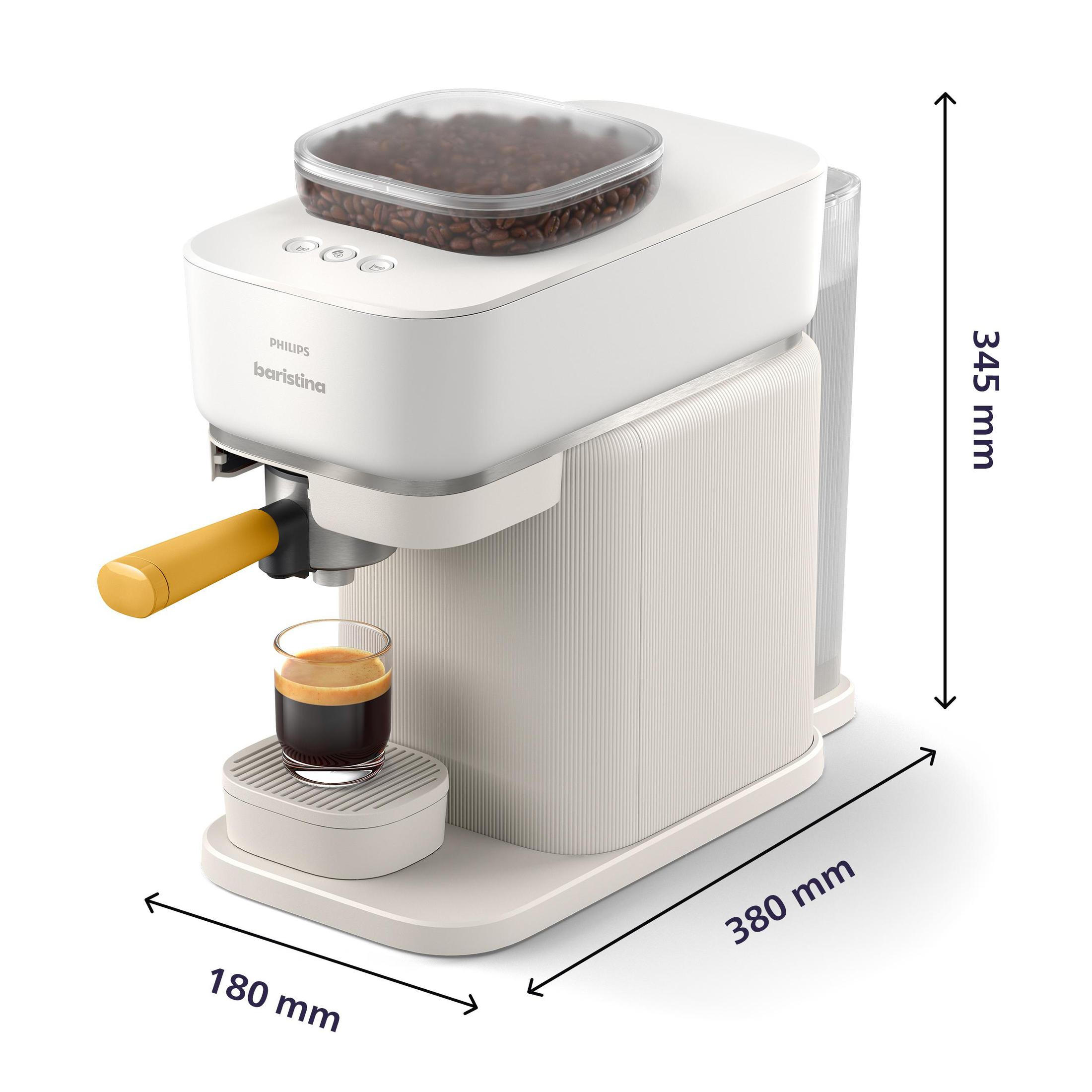 White Philips Baristina espresso machine with dimensions. A glass of coffee is on the front.