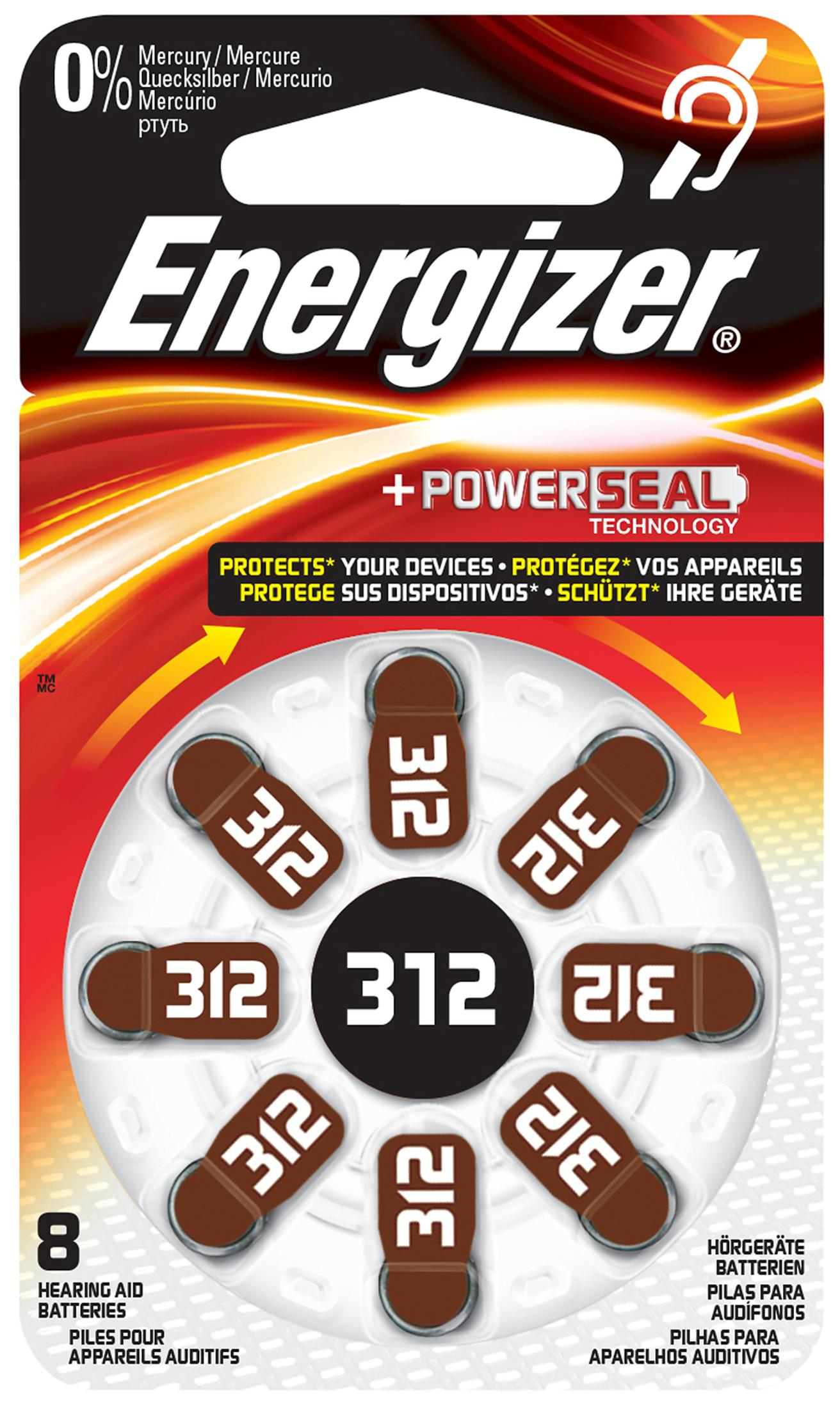 Energizer Hörgerätebatterien in einer Blisterpackung. Die Batterien sind braun, die Packung rot-weiß.