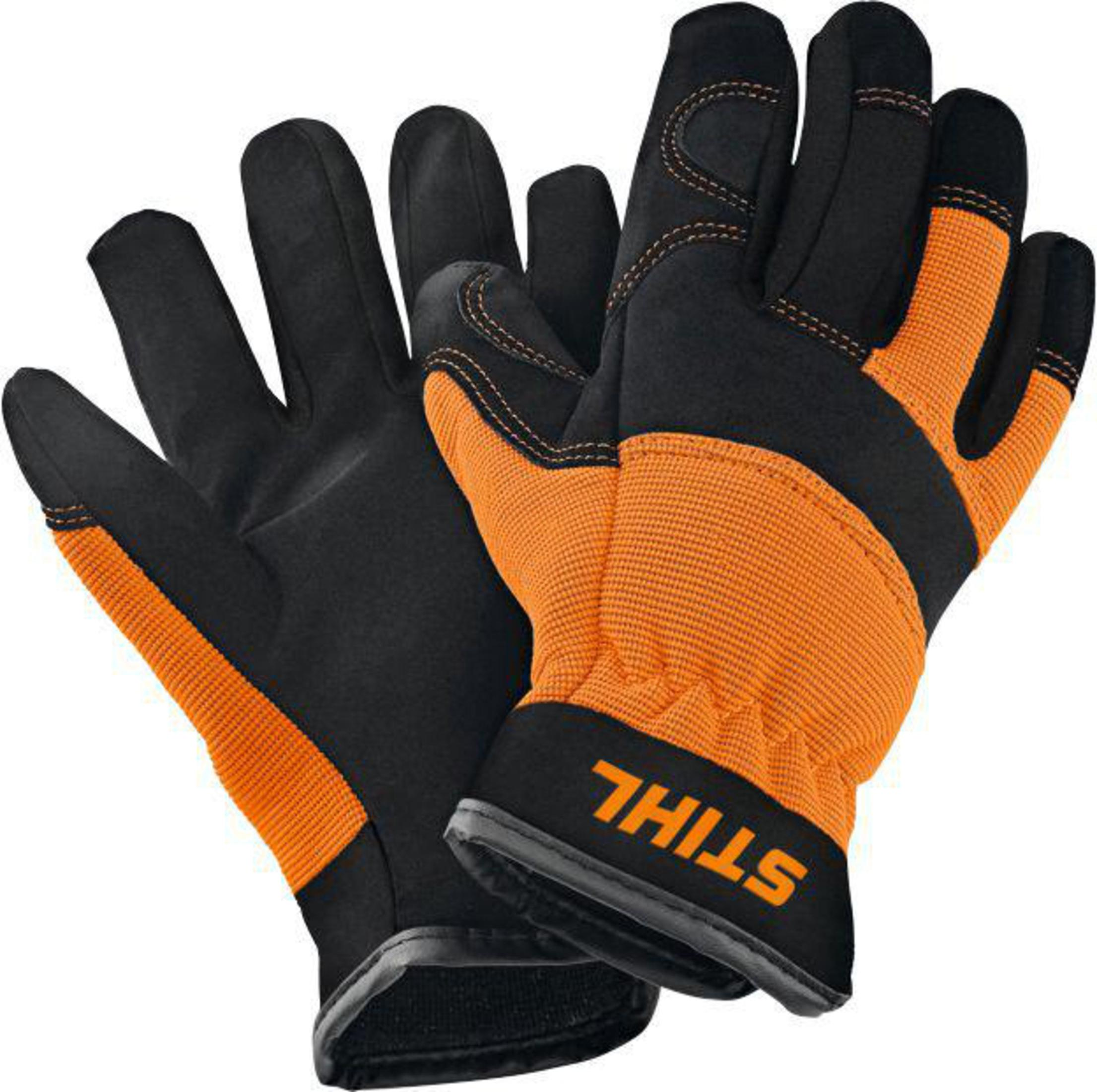 Orange und schwarze Stihl-Arbeitshandschuhe. Stihl-Logo auf dem rechten Handschuh.