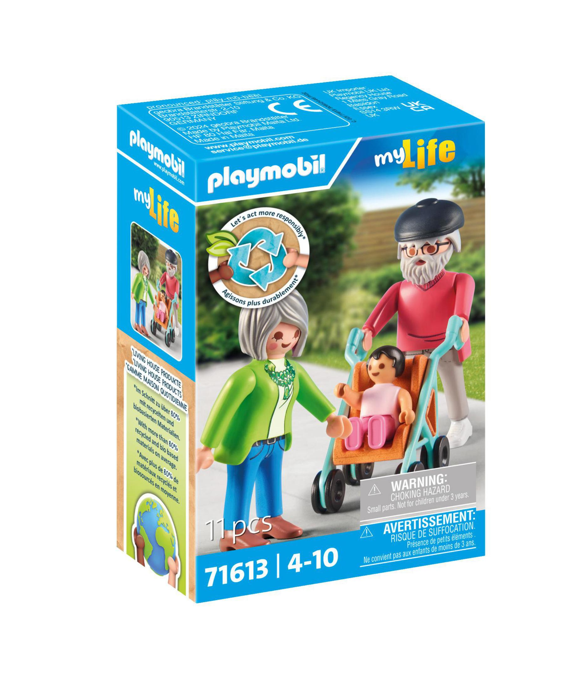 Eine Playmobil-Box mit einer Familie, die einen Kinderwagen schiebt. Text und Logos sind sichtbar.