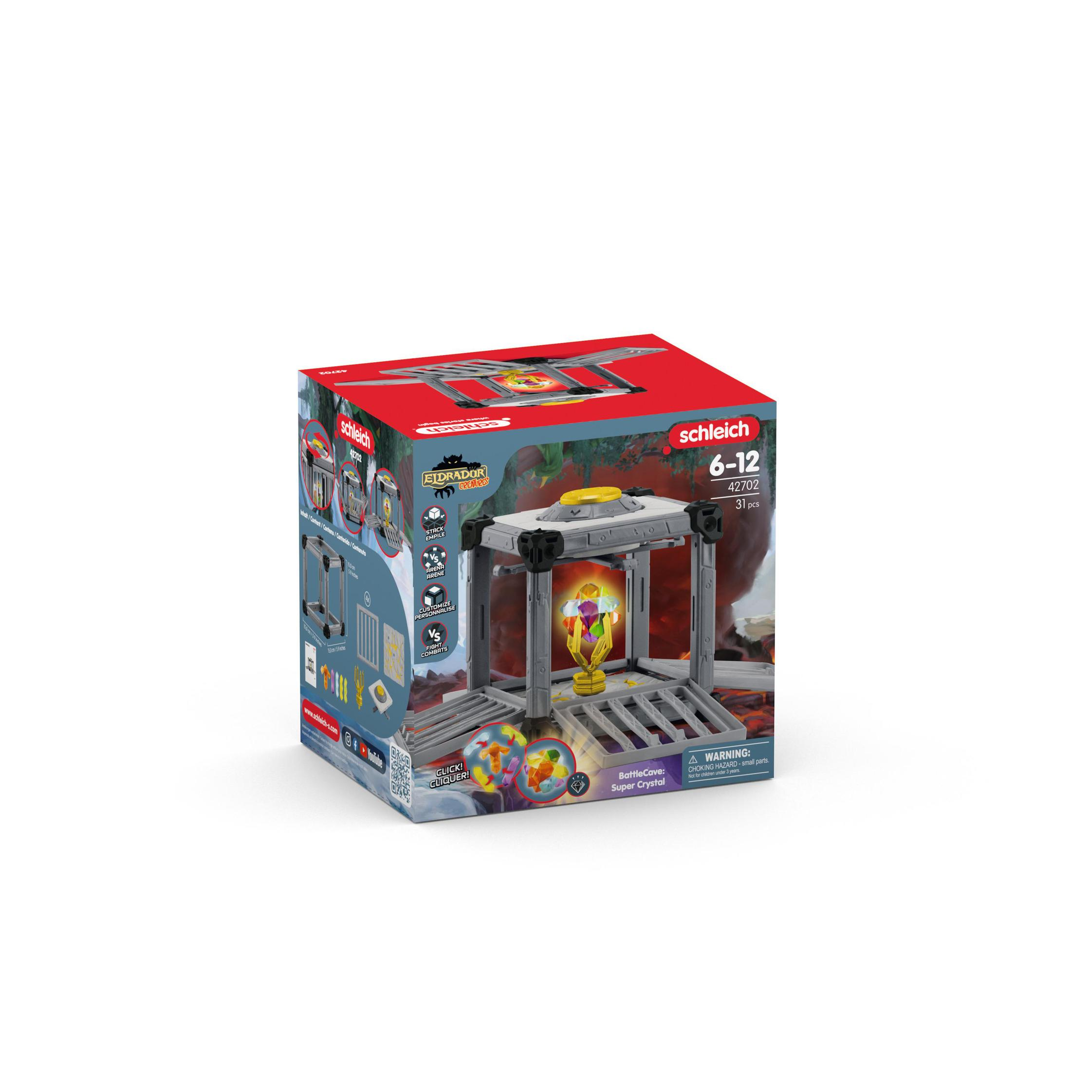 Schleich-Spielzeugkiste. Sie zeigt eine Kampfszene mit einem Käfig und bunten Kristallen.