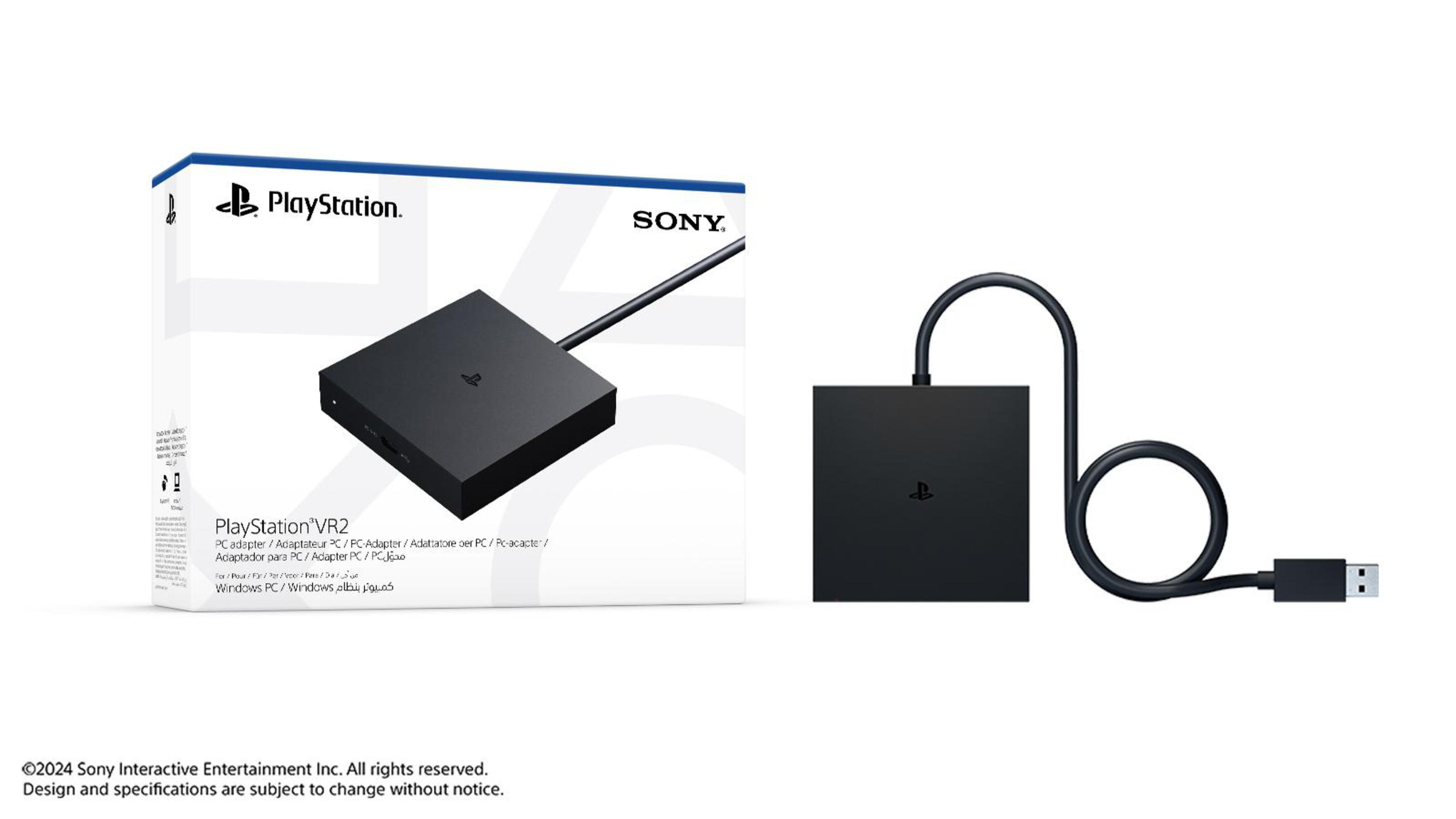 PlayStation VR2 Adapter-Kit-Box und der Adapter. Die Box hat das PlayStation-Logo.
