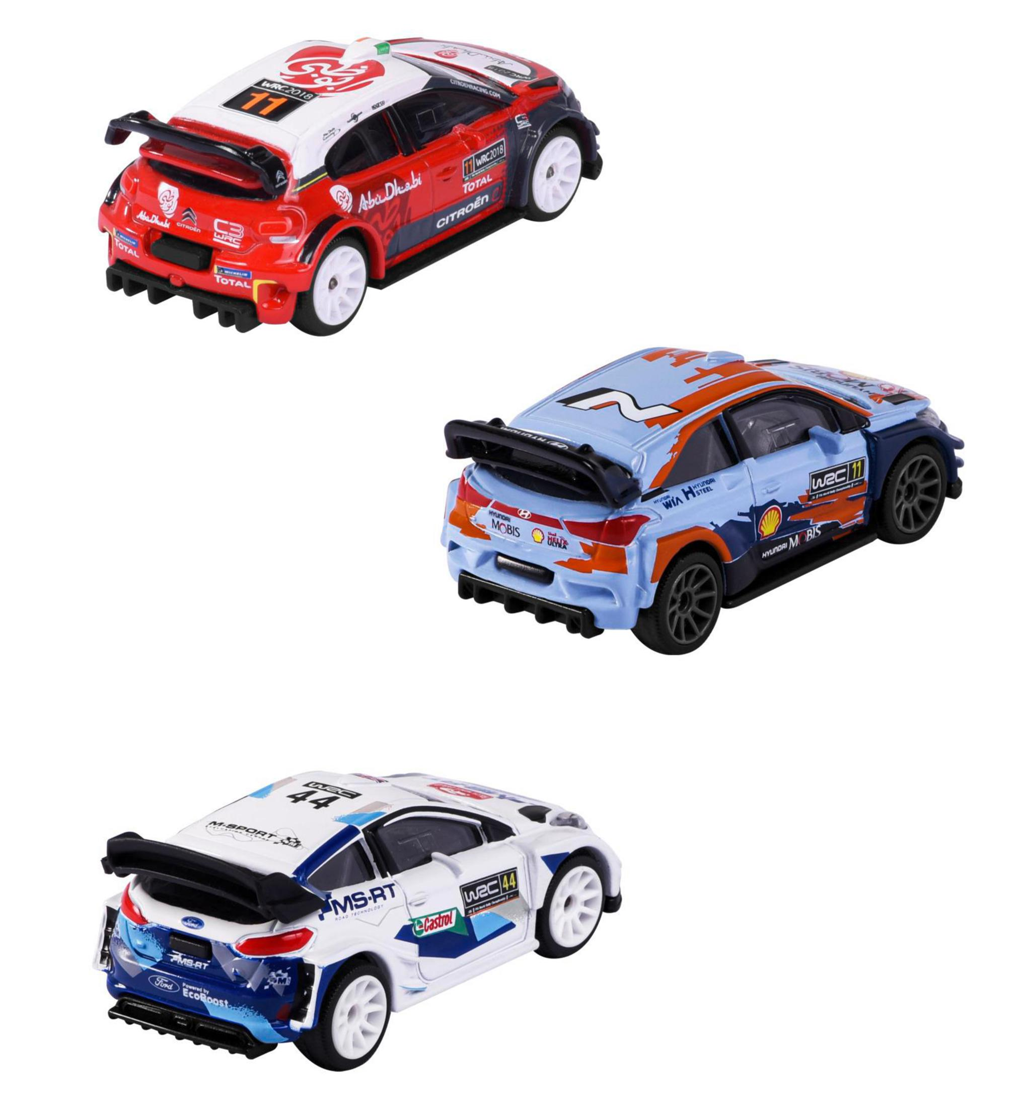 Spielzeug-Rennwagen in Rot, Blau und Weiß, mit Sponsorenlogos und Renndetails.