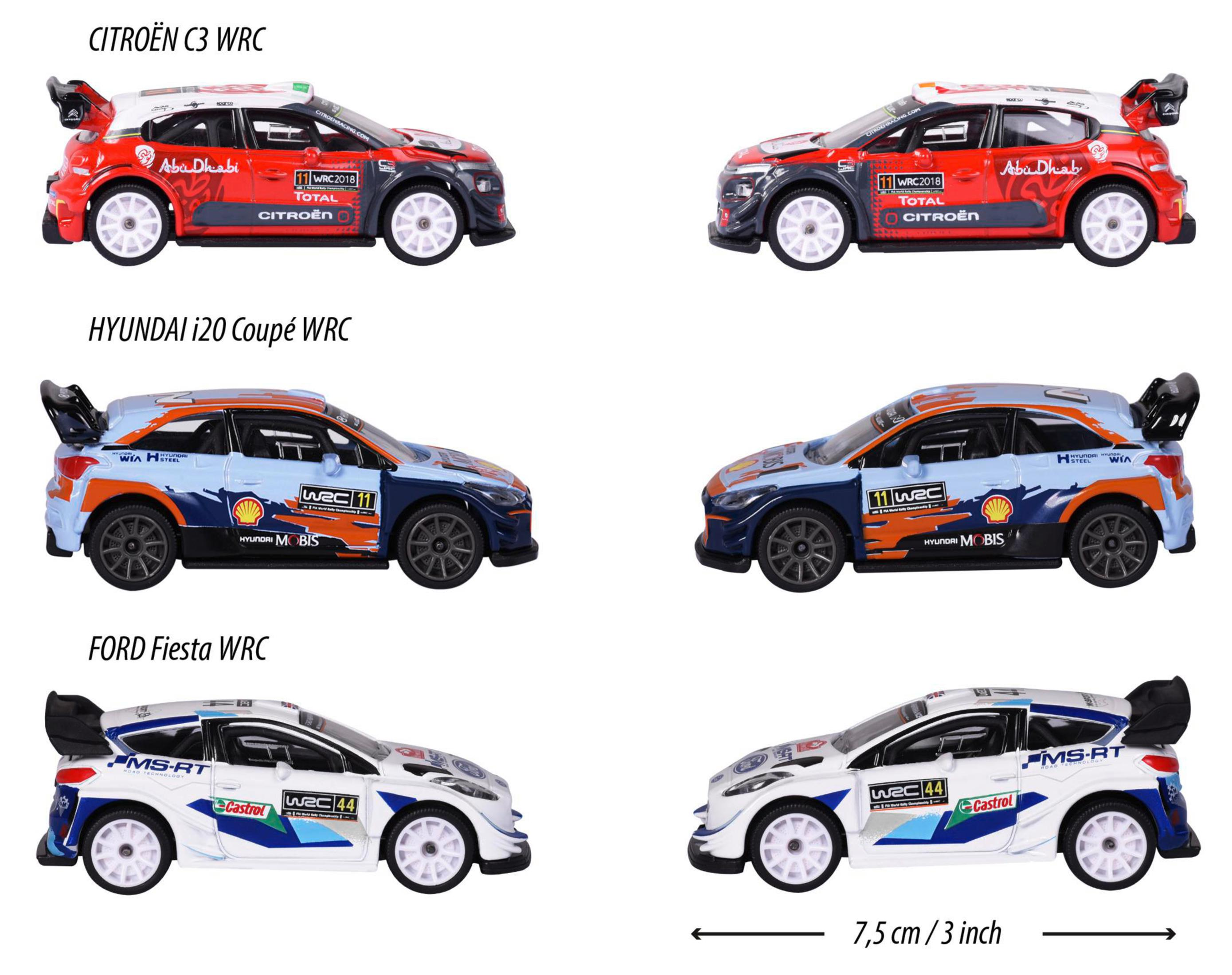 Sechs Spielzeug-Rallyeautos: Citroën, Hyundai und Ford. Jedes Auto hat eine andere Farbe.