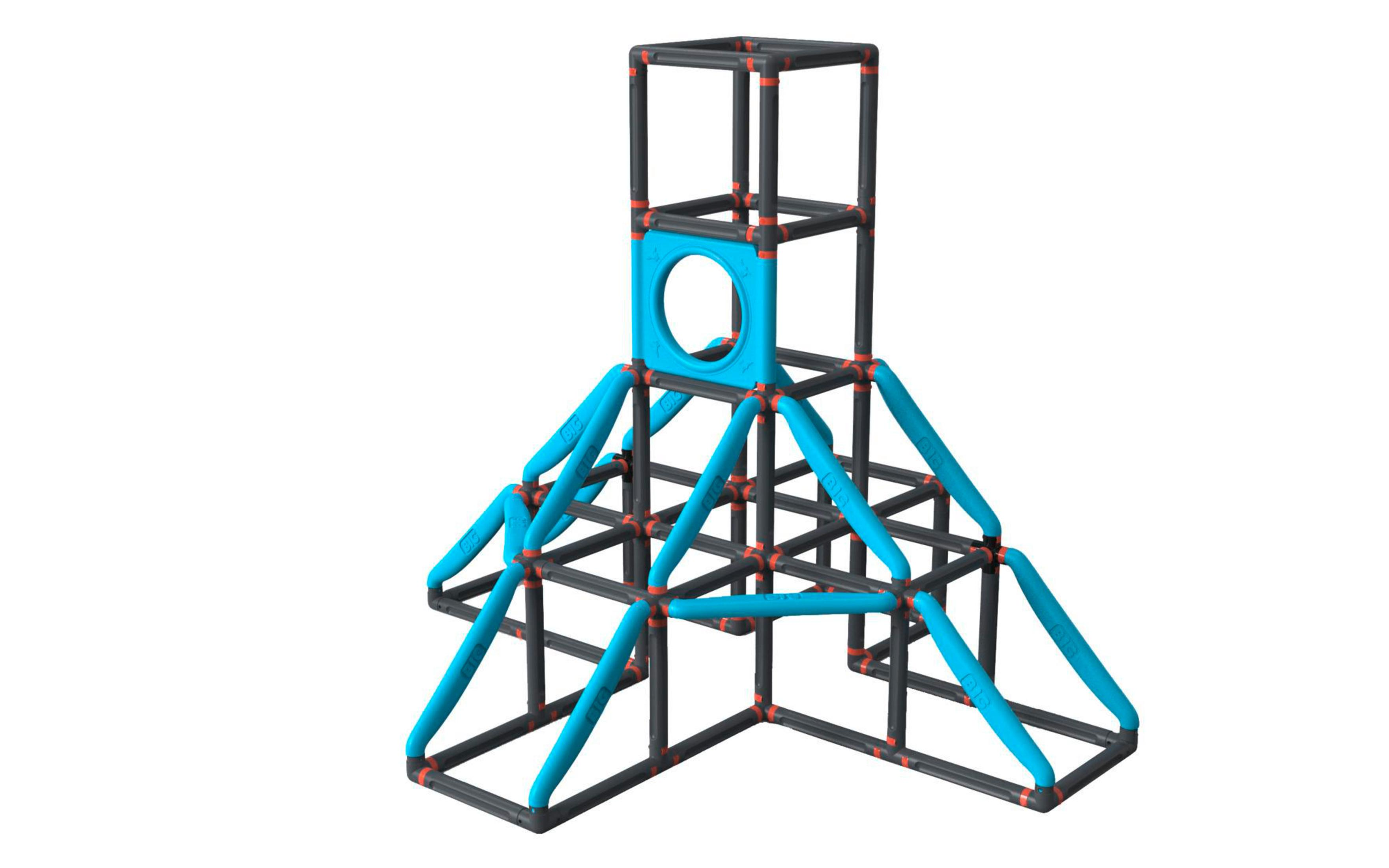 Eine blaue und graue Spielplatzstruktur mit Turm und Kletterelementen, auf weißem Hintergrund.