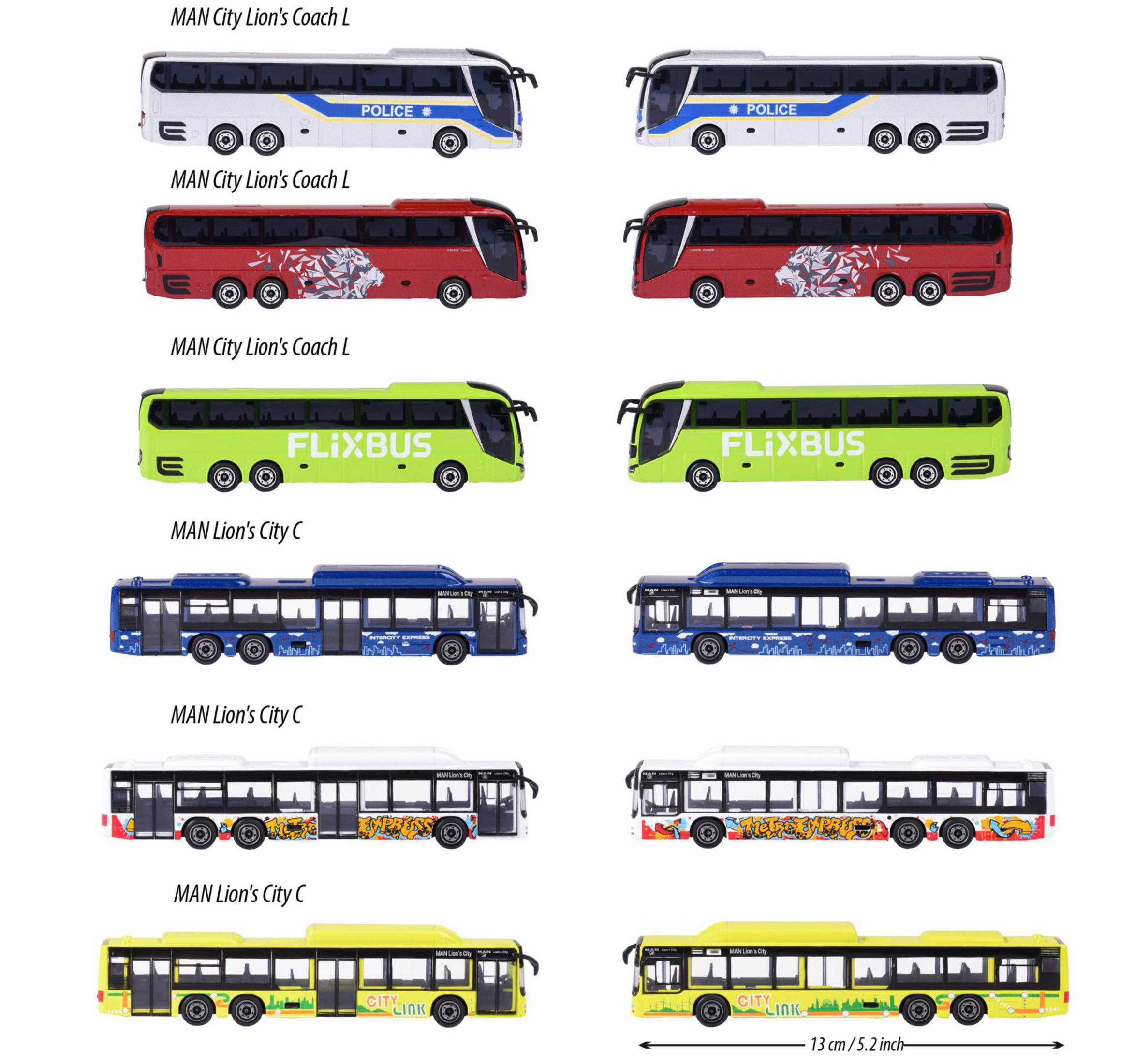 Modele autobusów zabawkowych w różnych kolorach. Obejmuje modele MAN City Lion's Coach i City C. Zielone, czerwone, żółte i niebieskie autobusy.
