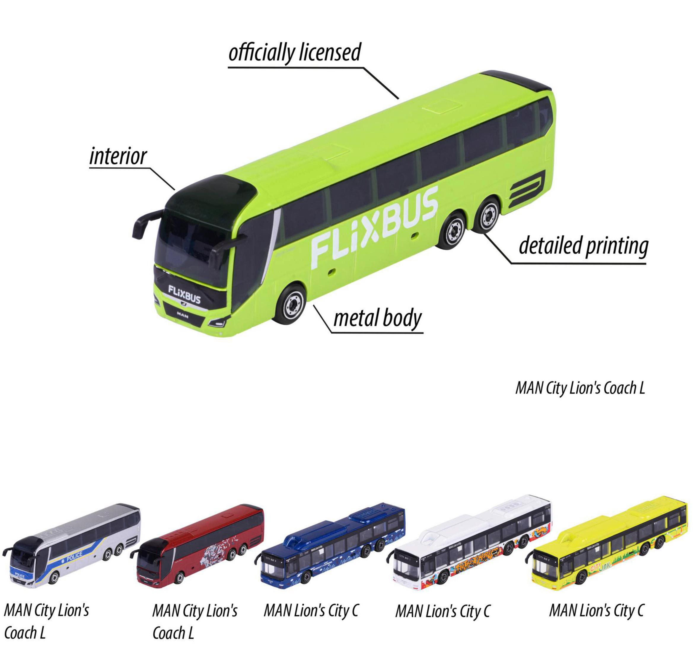 Zielony zabawkowy autobus o szczegółowym designie i kilka mniejszych zabawkowych autobusów pod spodem.