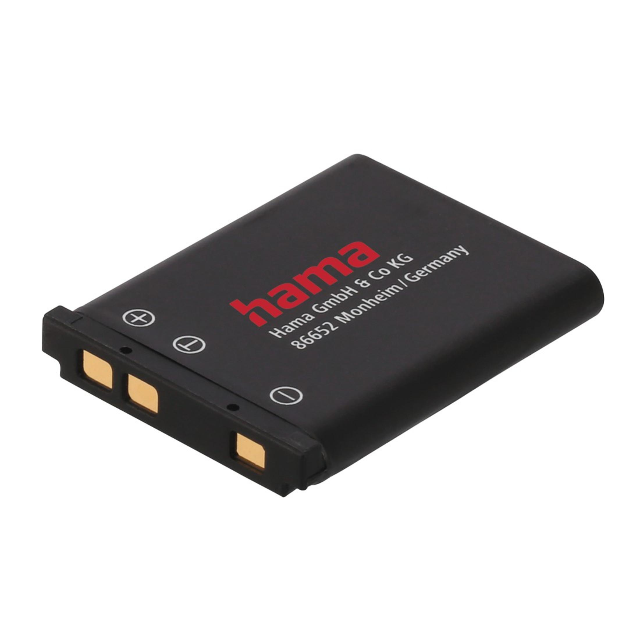 Batteria Hama nera. Logo Hama rosso. Connettori dorati. Sfondo bianco.
