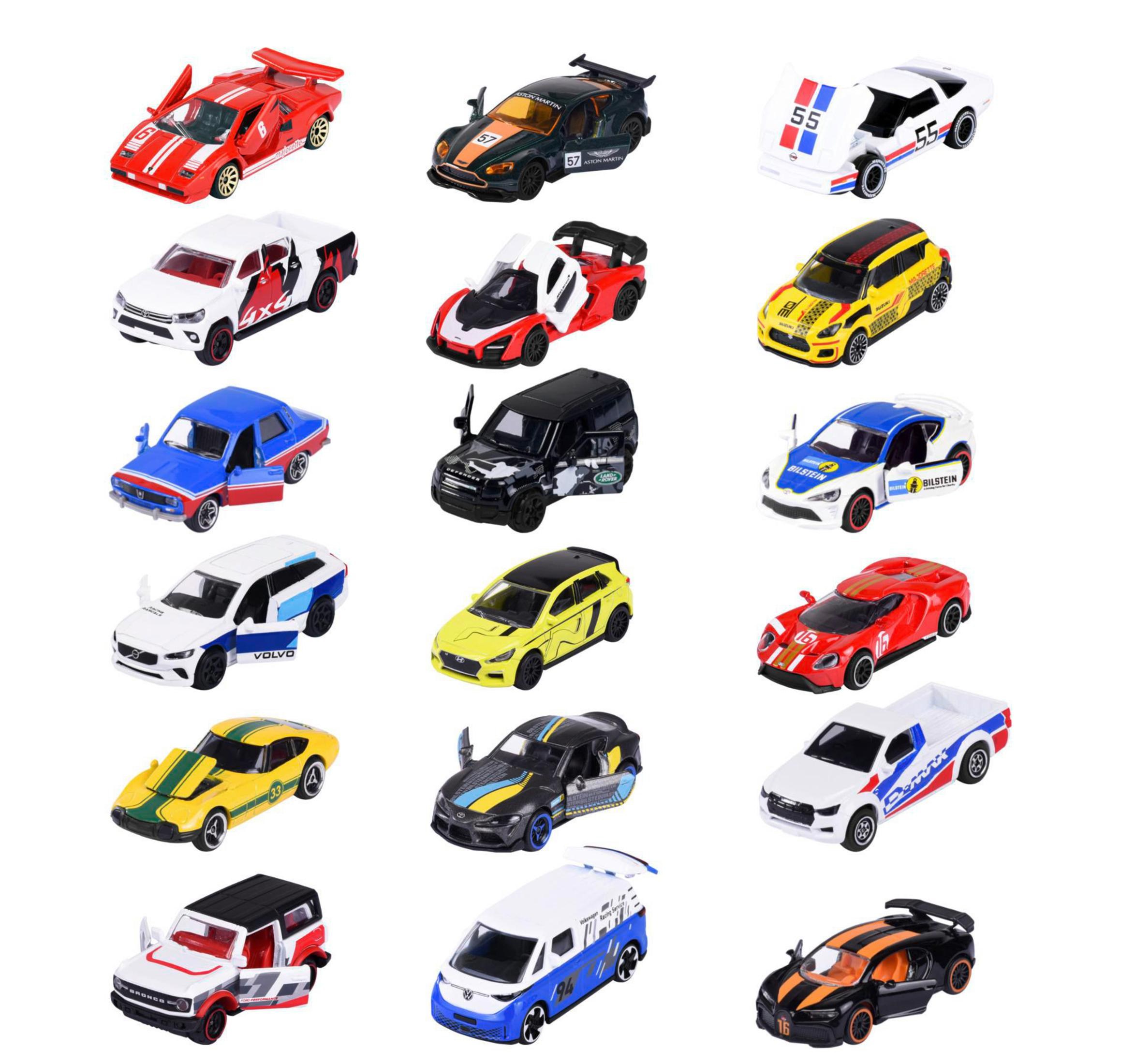 Sammlung von Spielzeugautos in verschiedenen Farben, darunter rot, weiß, schwarz, gelb, blau und grün.