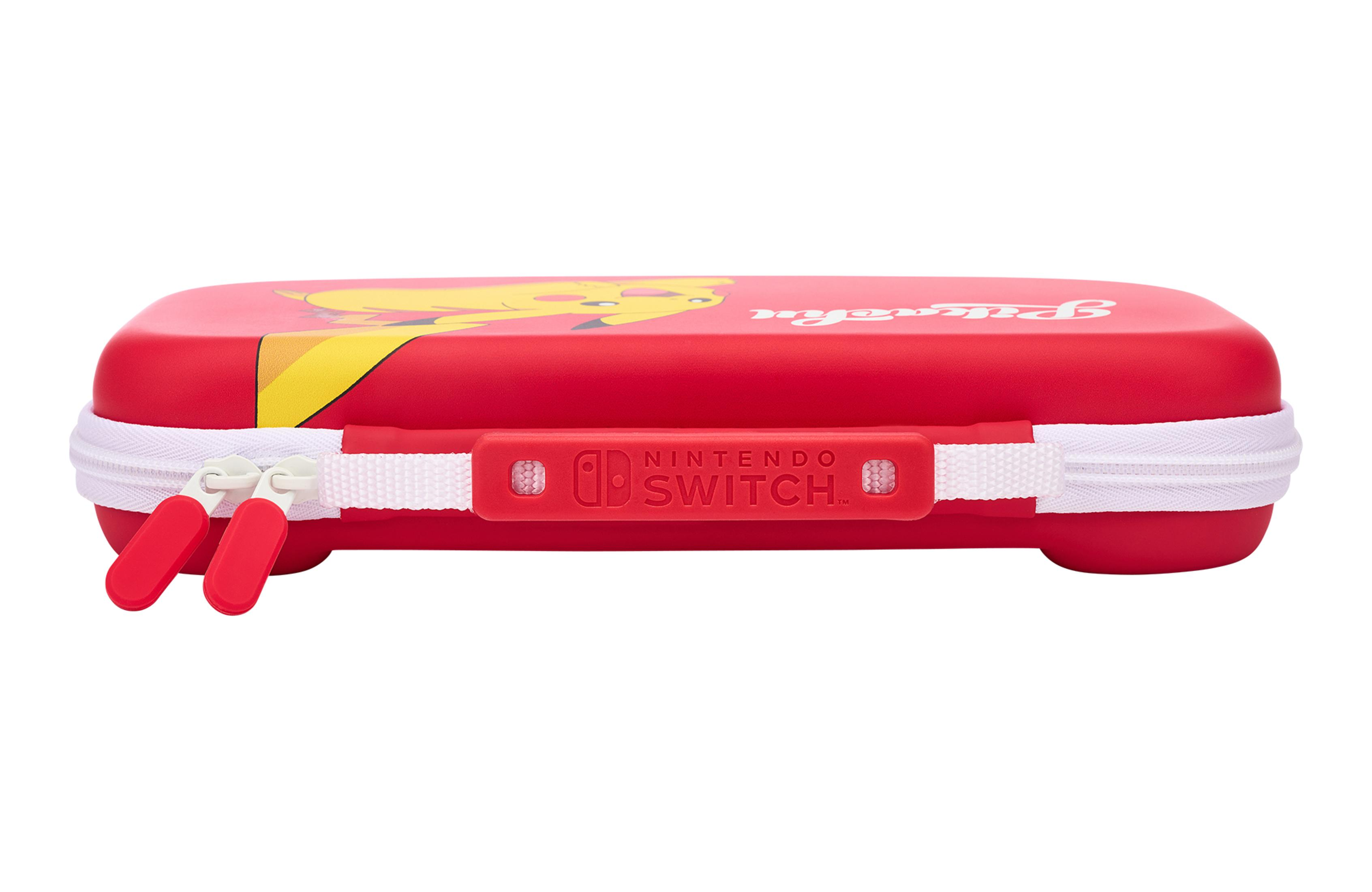 Czerwone etui Nintendo Switch z motywem Pikachu i białymi zamkami.