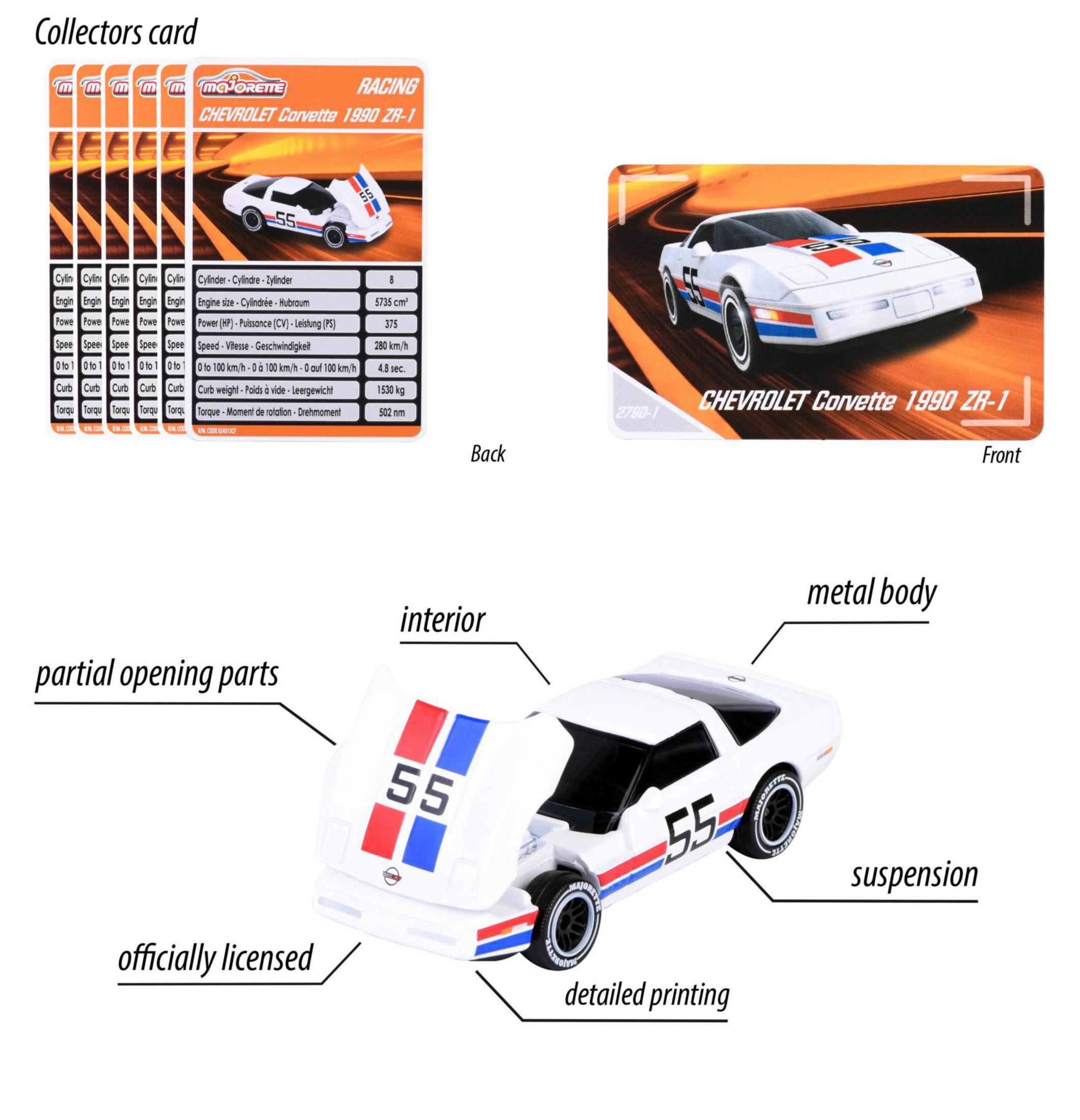 Ein Spielzeugauto, ein Chevrolet Corvette 1990 ZR-1, mit Details der Autoteile.