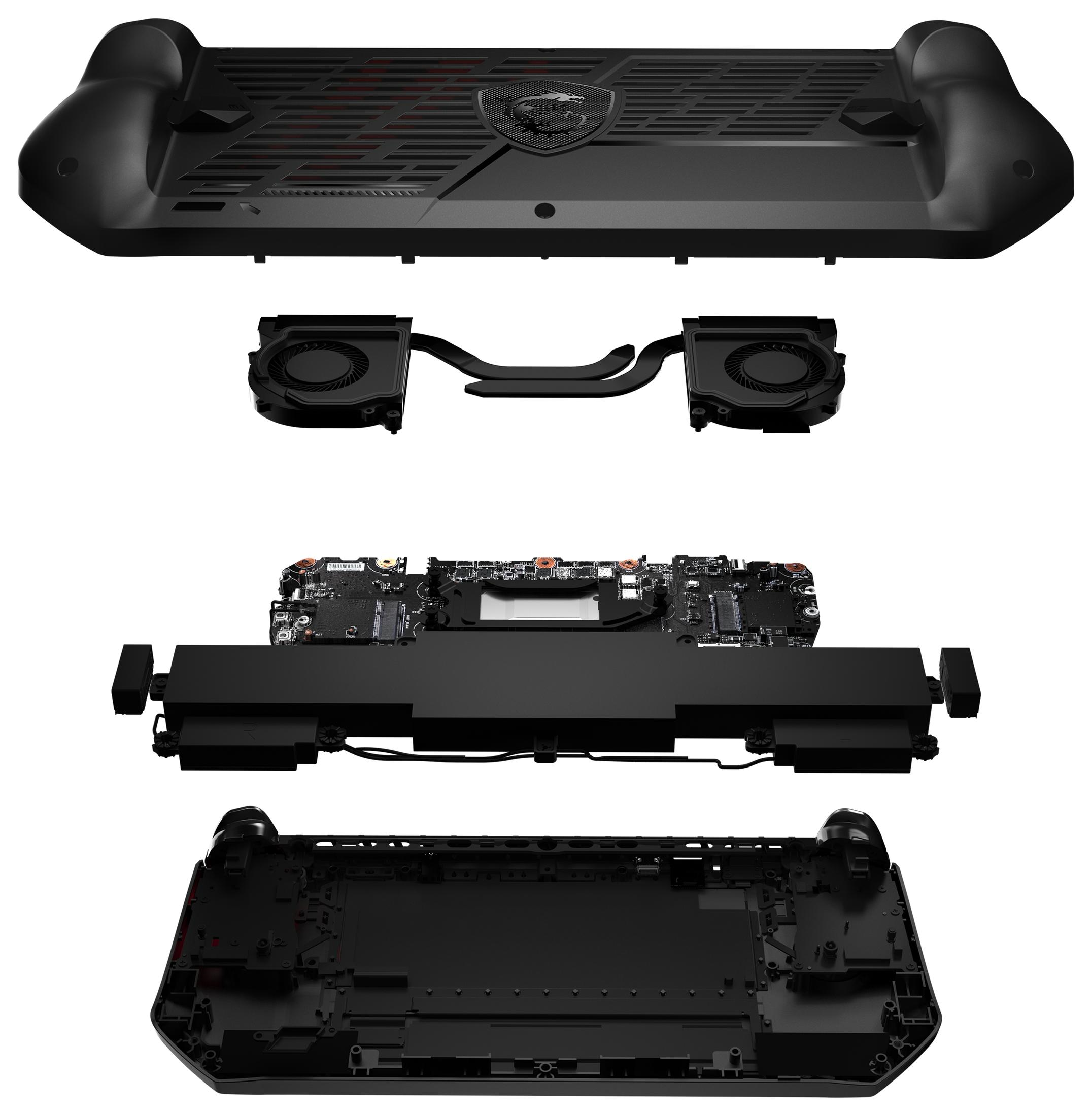 Gaming-Gerät zerlegt: Oberseite, Lüfter, Motherboard, Unterseite. Schwarz, weißer Hintergrund.