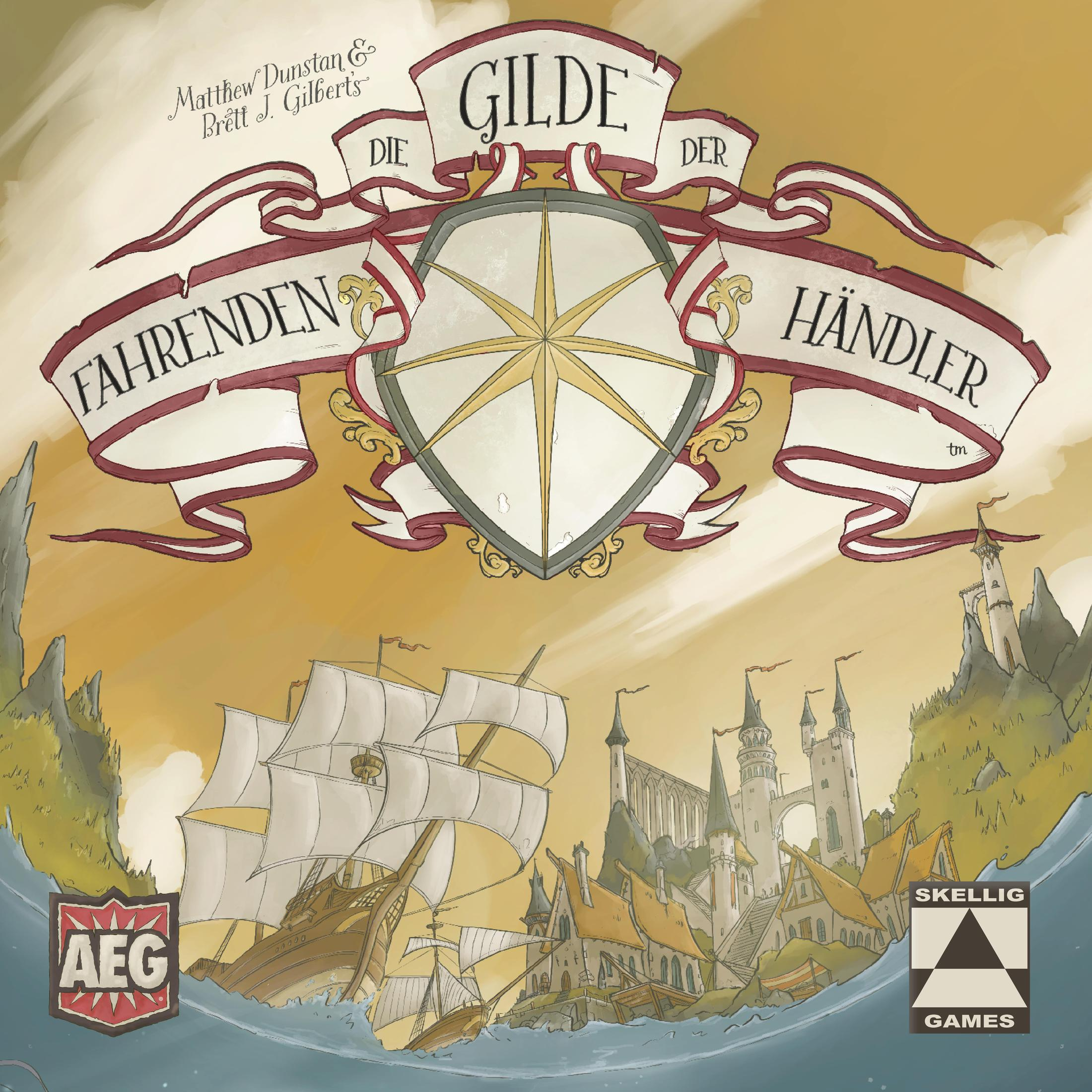 Brettspiel-Box-Art. Titelbanner über einem Schild mit Windrose, Schiffen und einer mittelalterlichen Stadt.