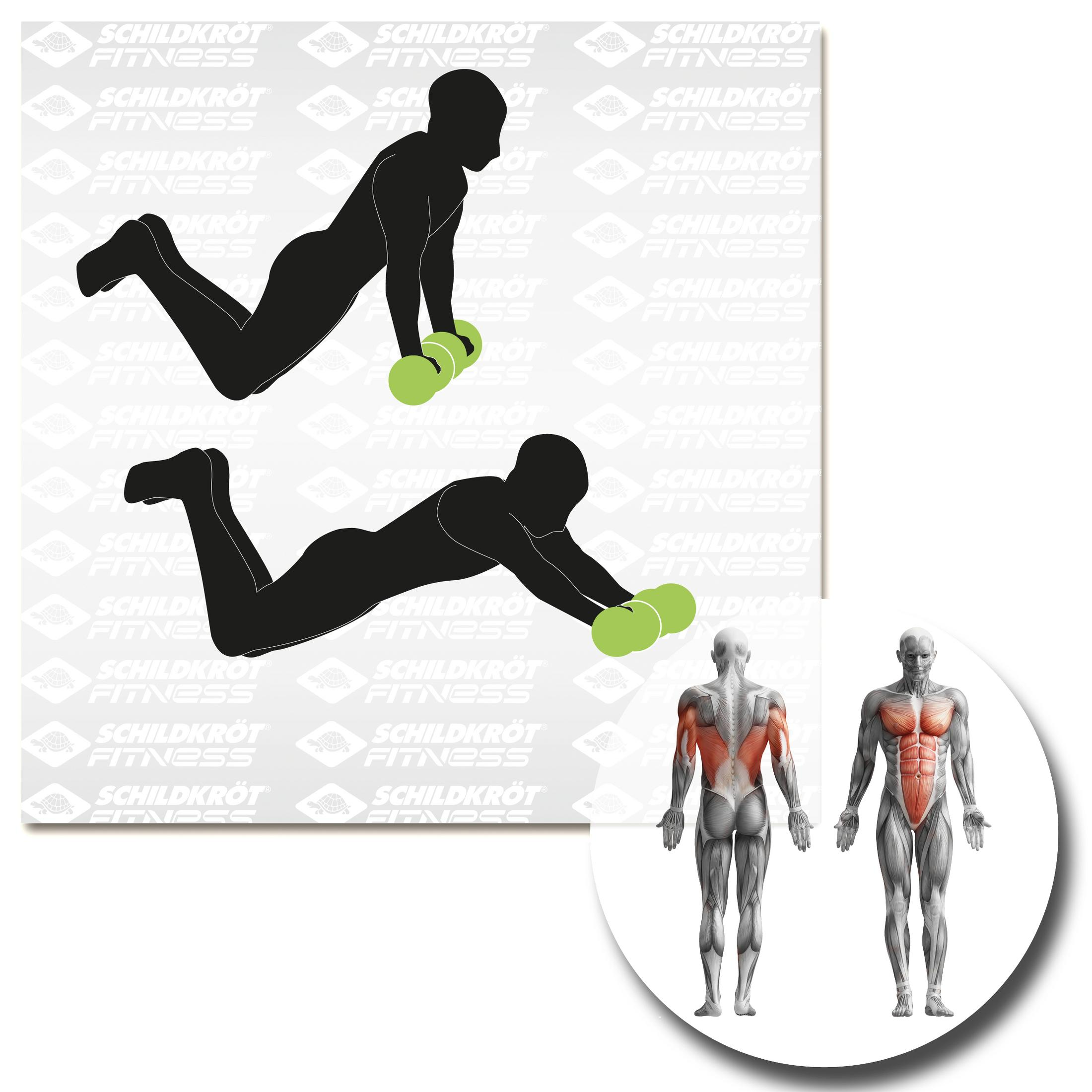 Zwei Übungsillustrationen und anatomische Diagramme. Eines zeigt einen Mann auf den Knien beim Training.