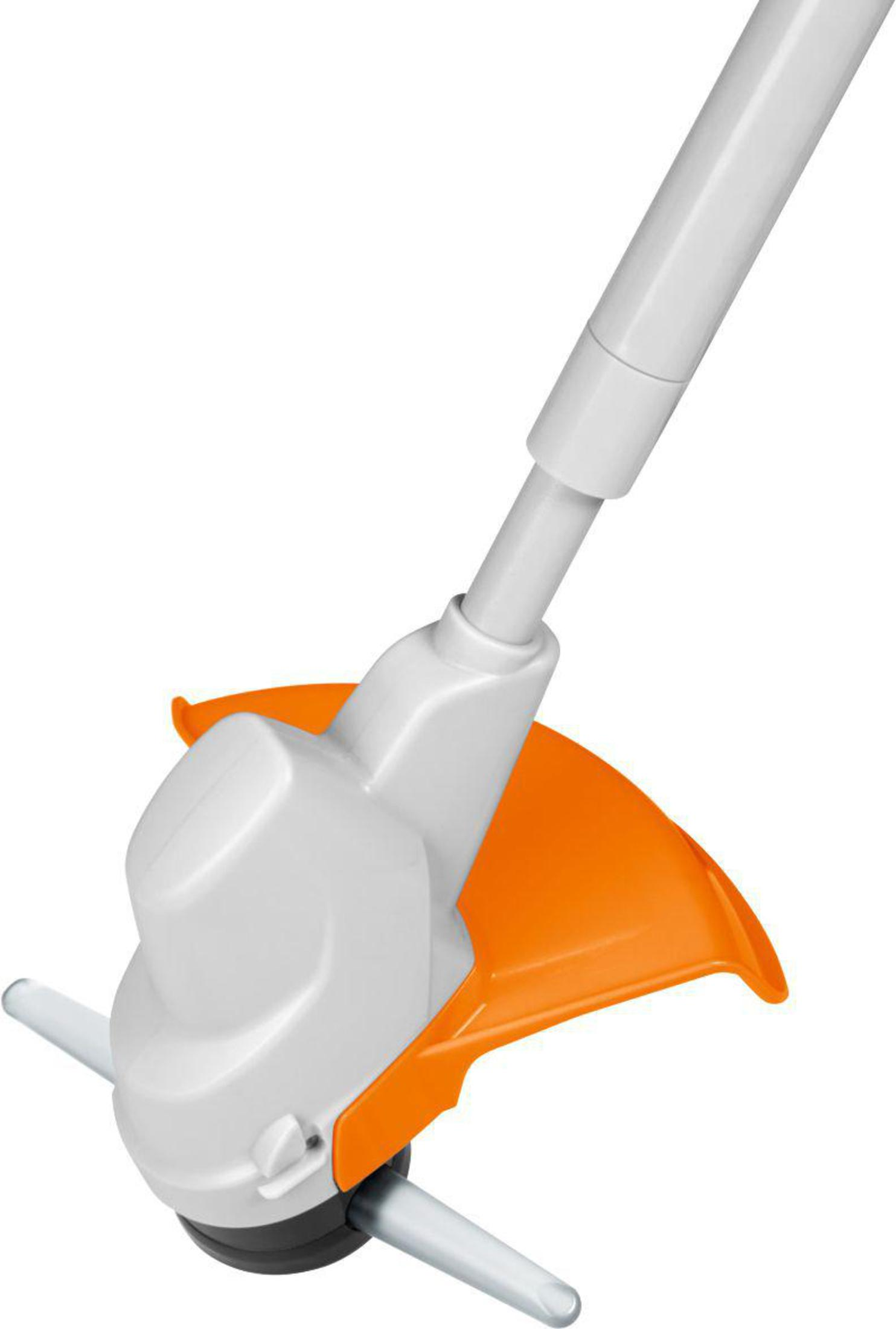 Nahaufnahme eines orangefarbenen und weißen Trimmerkopfes, auf den Betrachter gerichtet.