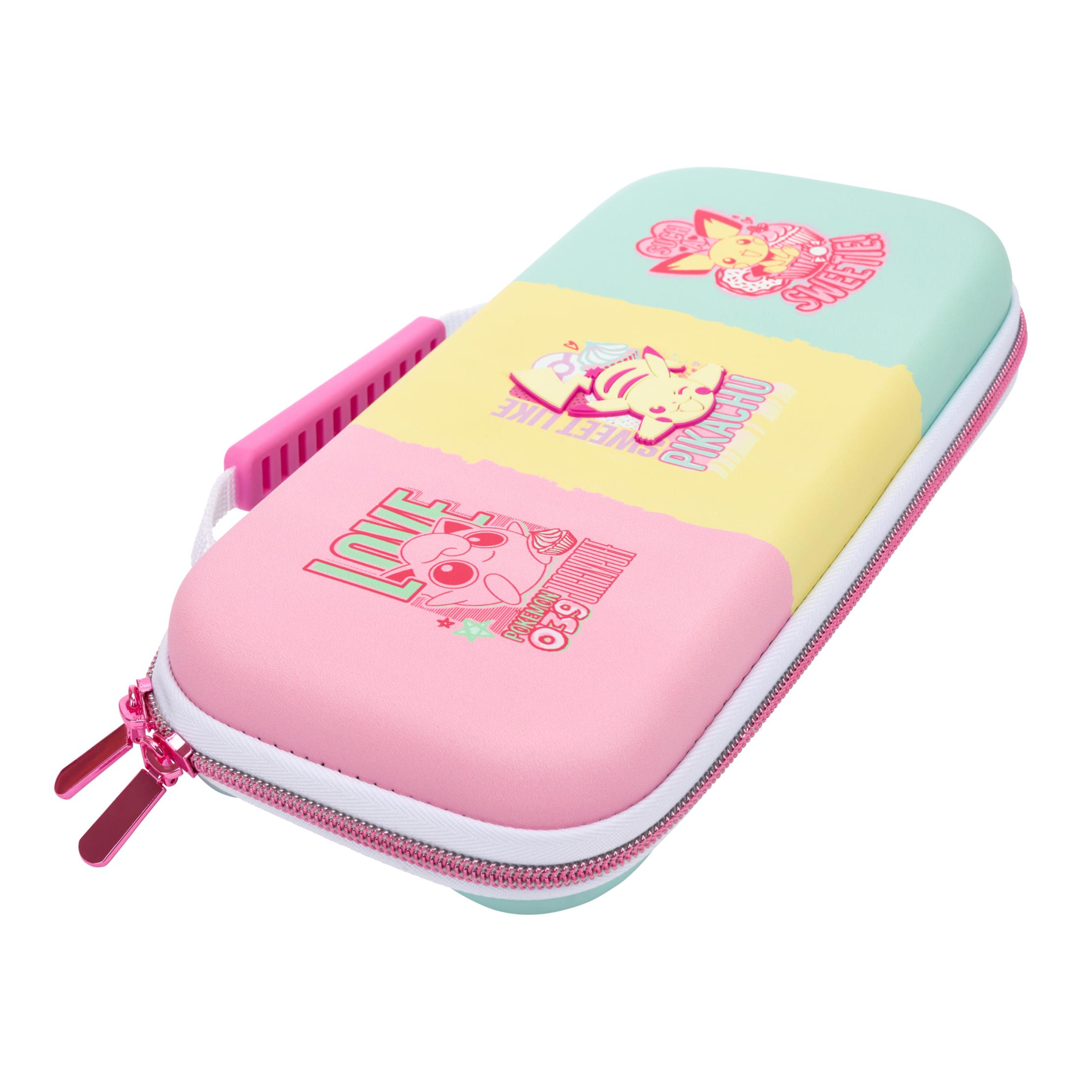 Różowa, żółta i turkusowa obudowa Switch z Pikachu i Jigglypuff. Rączka i zamek.