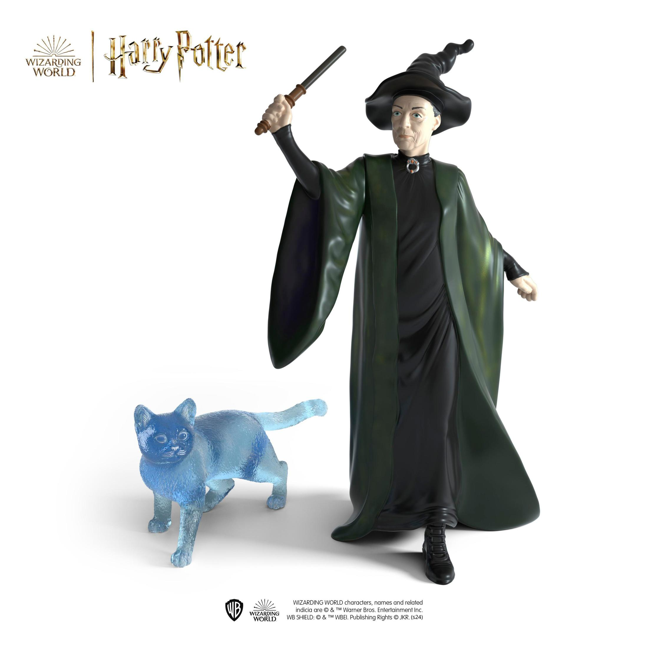 Una figura di Harry Potter di una donna in abito verde con una bacchetta e un gatto blu.