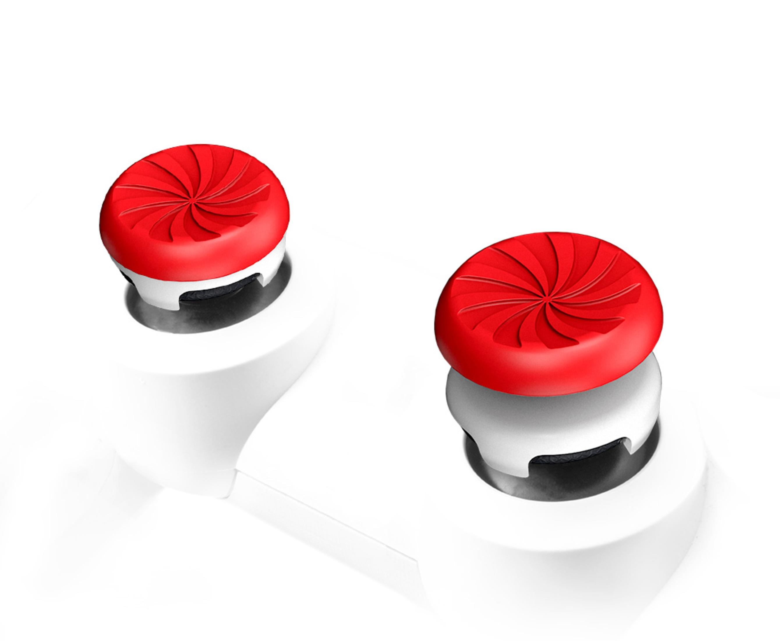 Rote Controller-Daumenknaufgriffe auf weißem Hintergrund. Wirbeldesign oben.