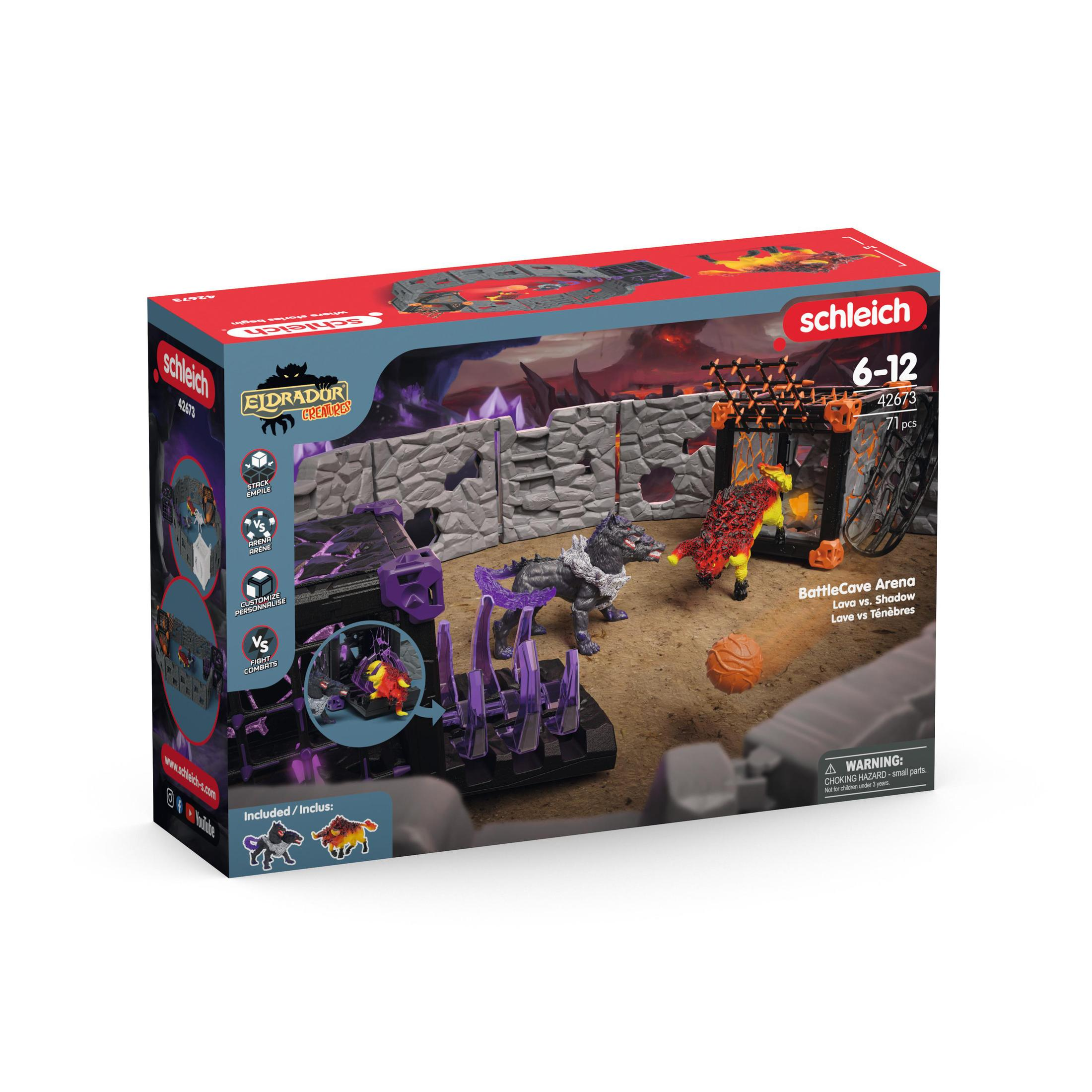 Verpacktes Spielzeugset für eine Kampfarena. Enthält Figuren und Zubehör. Weißer Hintergrund.