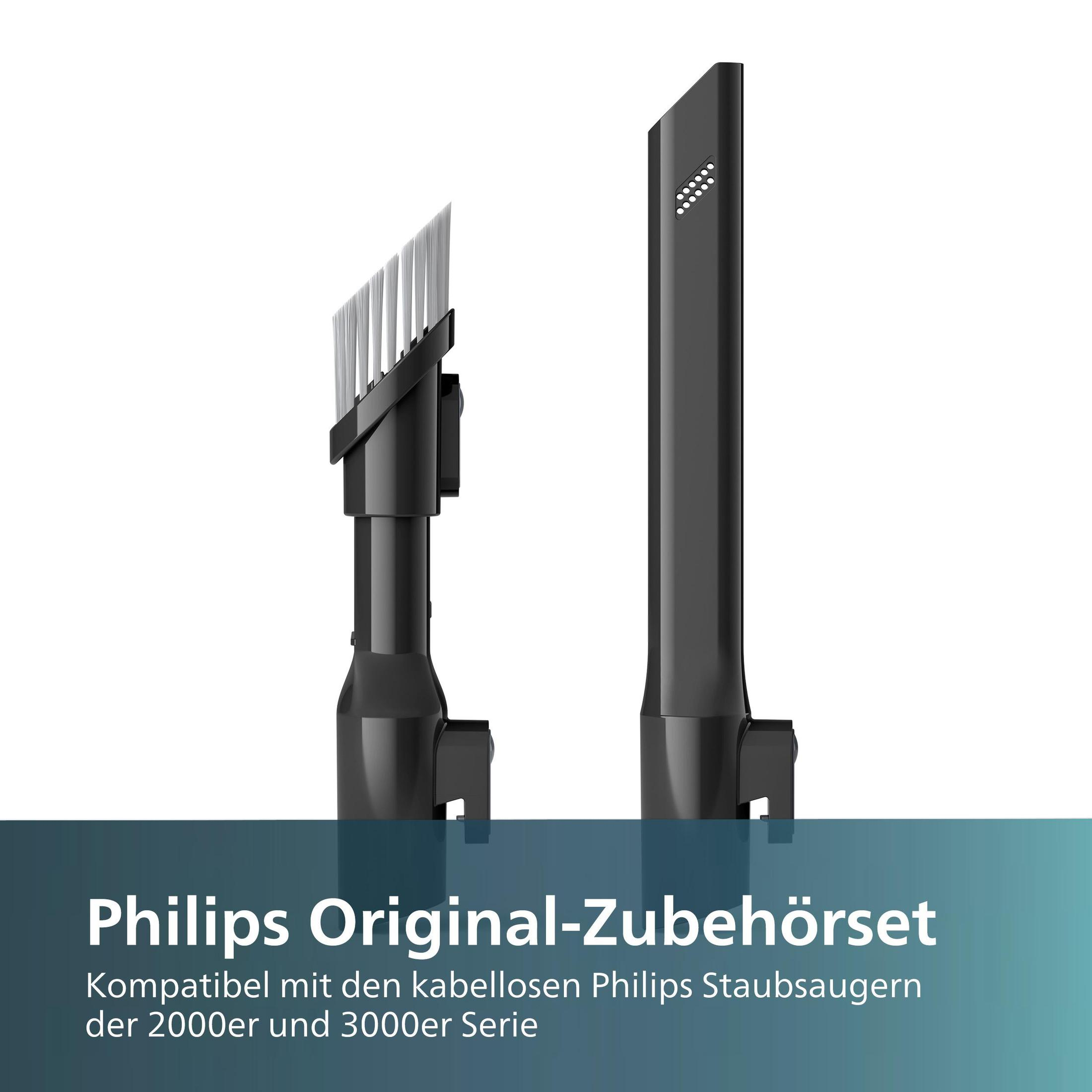 Zwarte stofzuiger opzetstukken: een borstel en een kierenzuiger.
