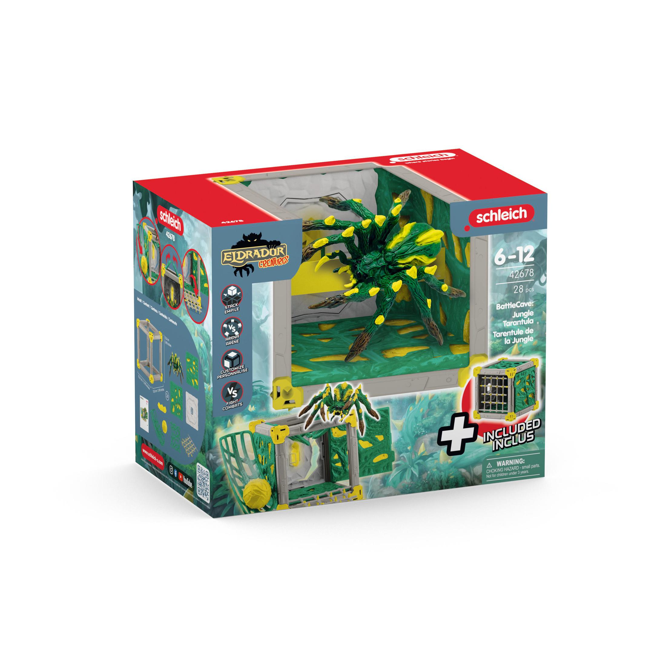 Eine Schleich-Spielzeugkiste mit Dschungelszene und einer Spinne im Käfig, mit Text 'Included Inclus'.
