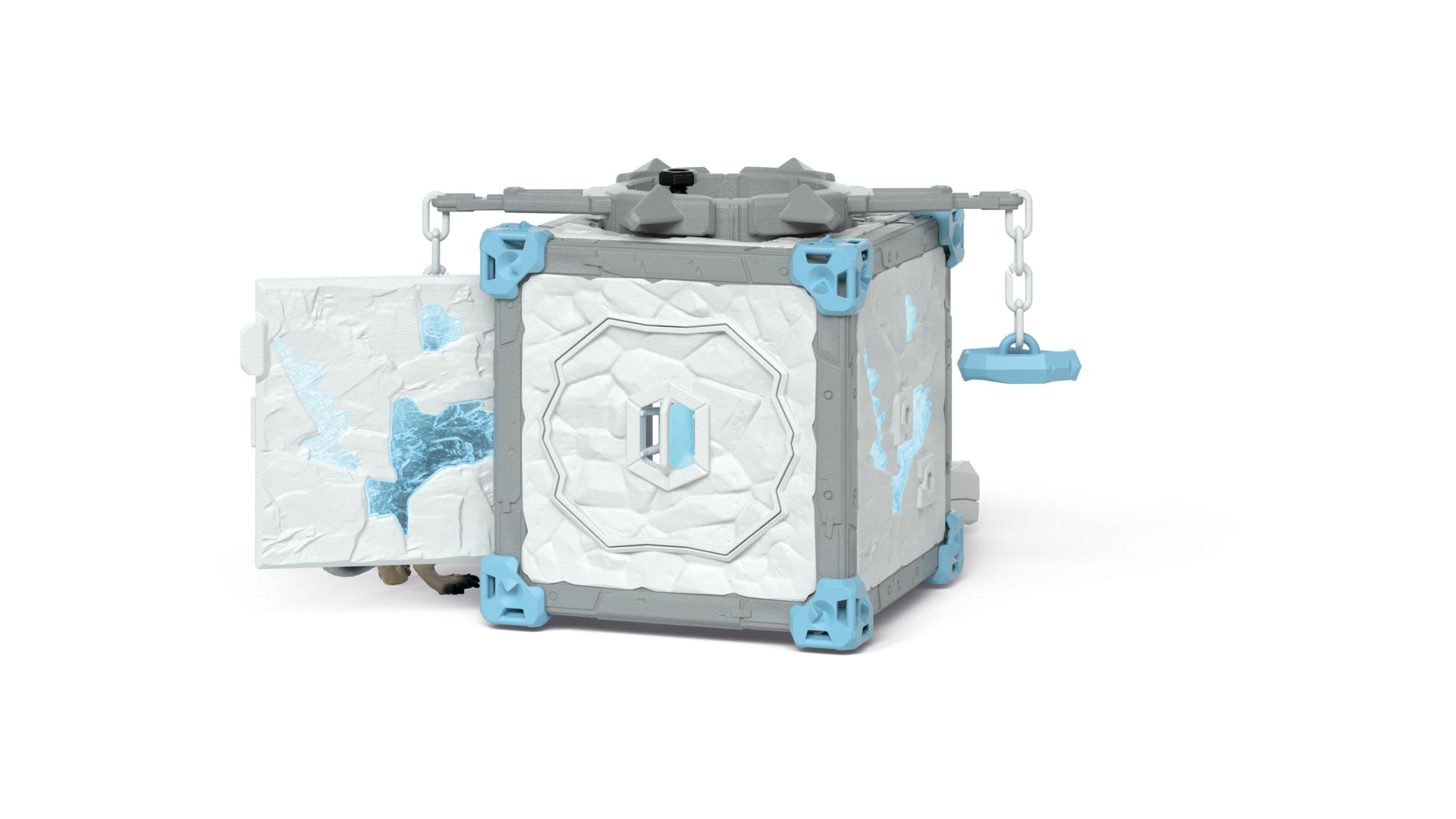 Biało-szara kostka do zabawy z otwieranymi bokami. Niebieskie akcenty na krawędziach, białe tło.