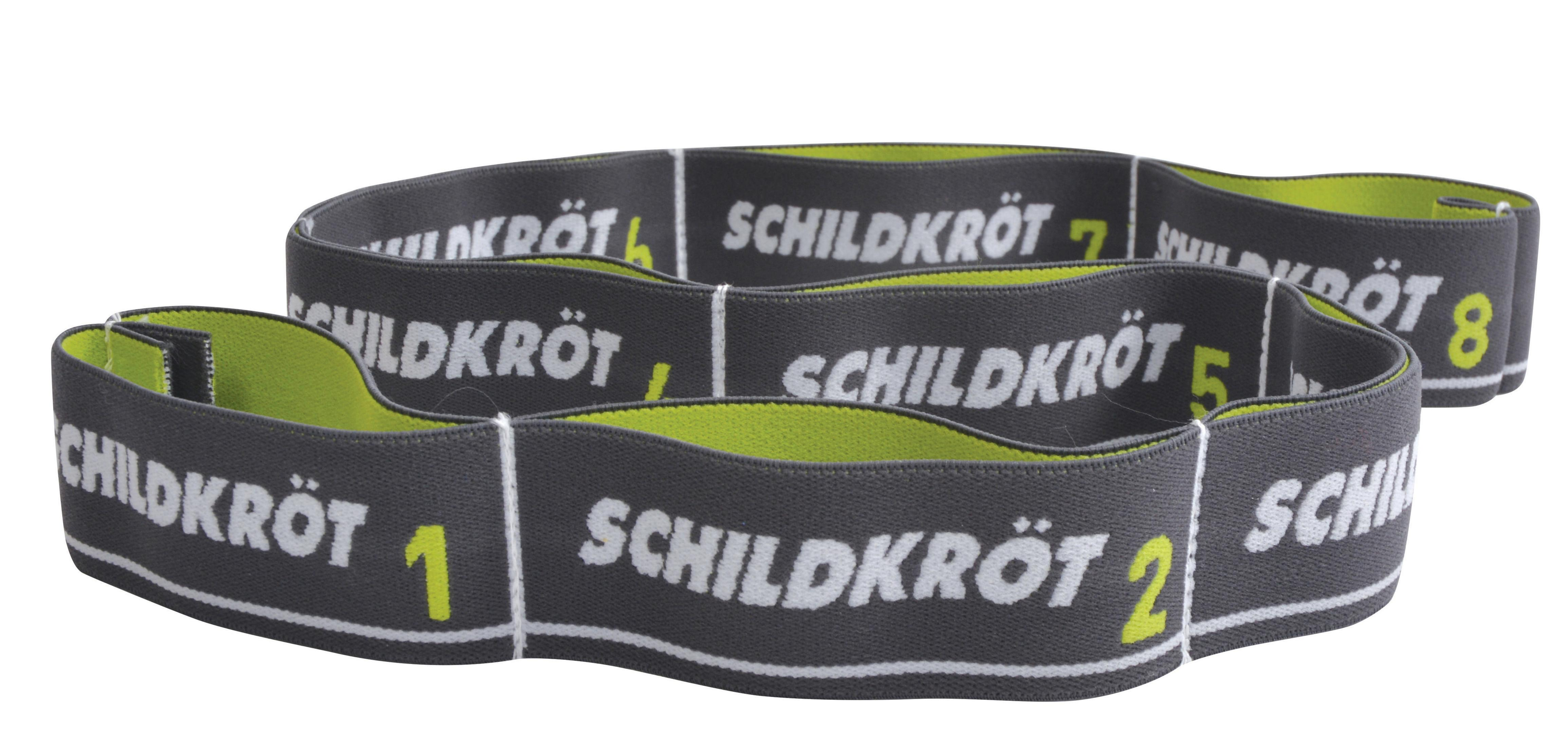 Set di tre fasce elastiche con numeri, in grigio e verde. Sfondo bianco.