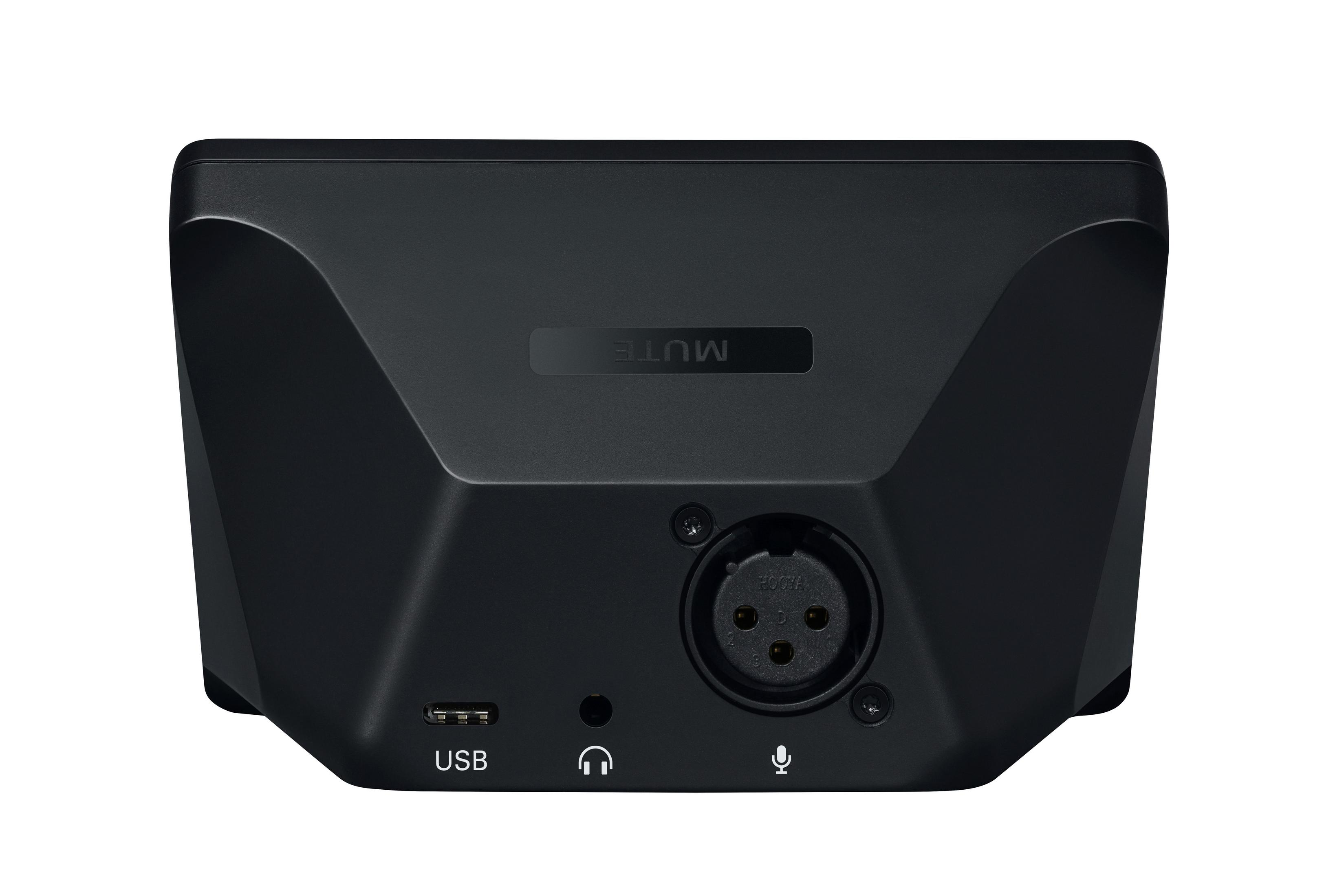 Un dispositivo di interfaccia audio nero con porta USB, jack per cuffie e ingresso microfono.