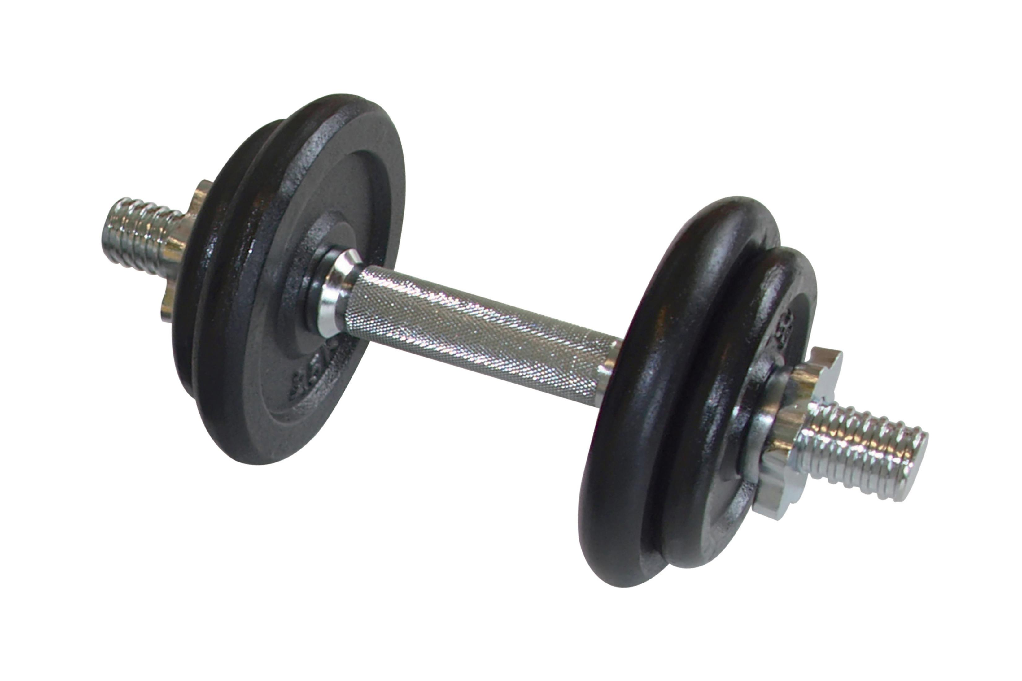 Eine Hantel mit schwarzen Platten und einem silbernen Griff. Es ist vor weißem Hintergrund platziert.
