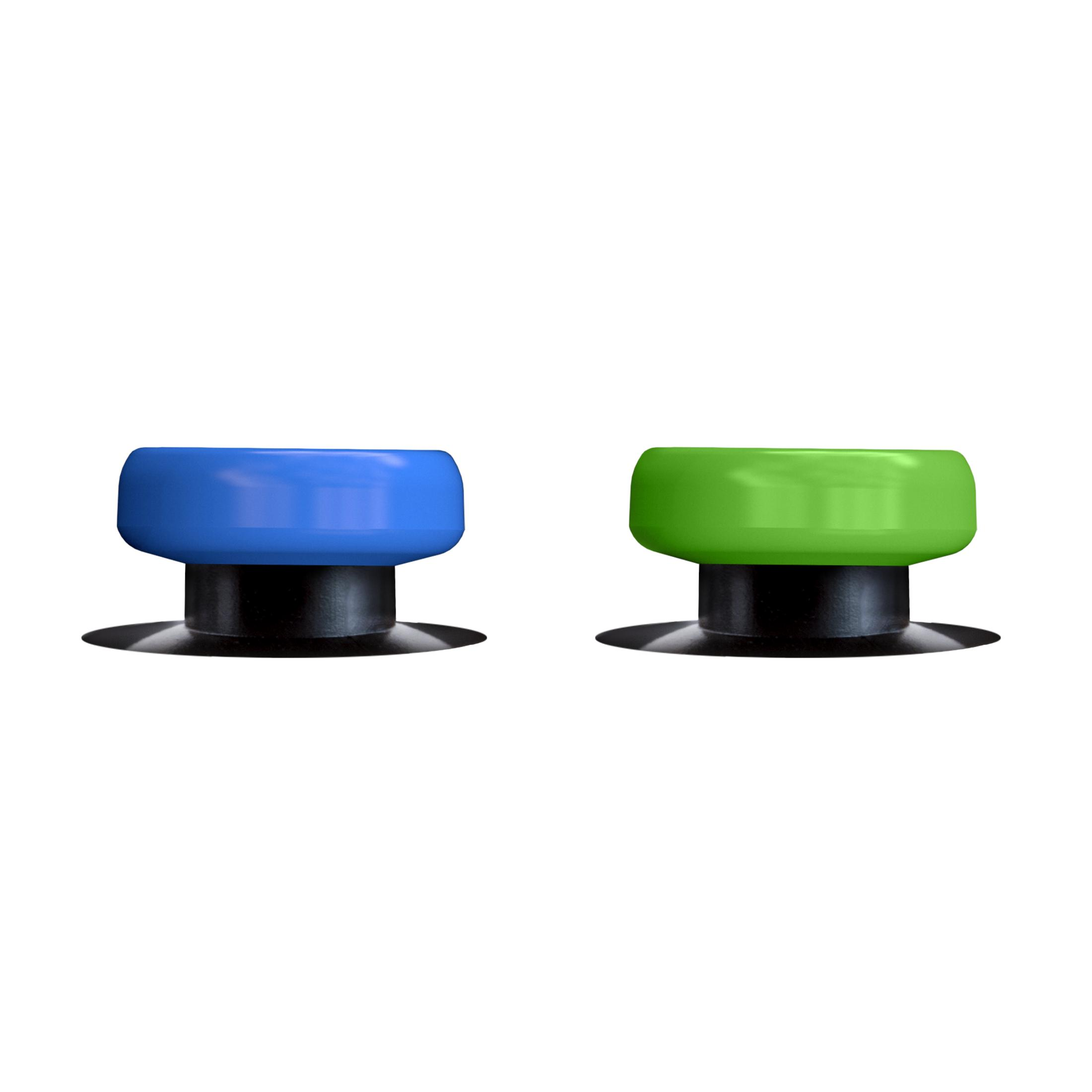 Zwei Joystick-Tasten, eine blau und eine grün, mit schwarzen Sockeln.