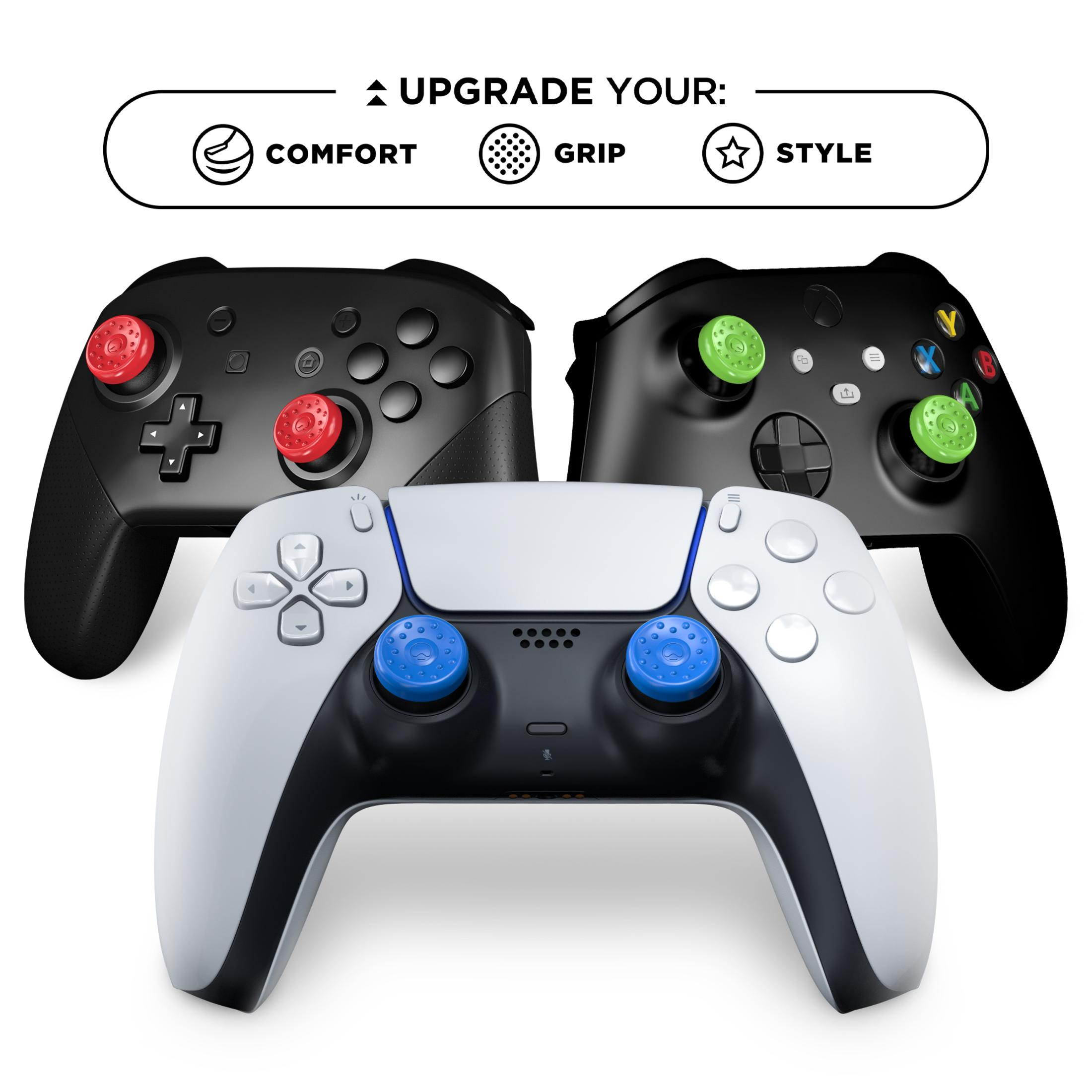Drei Gaming-Controller; schwarz, weiß und schwarz mit Upgrade-Symbolen darüber.