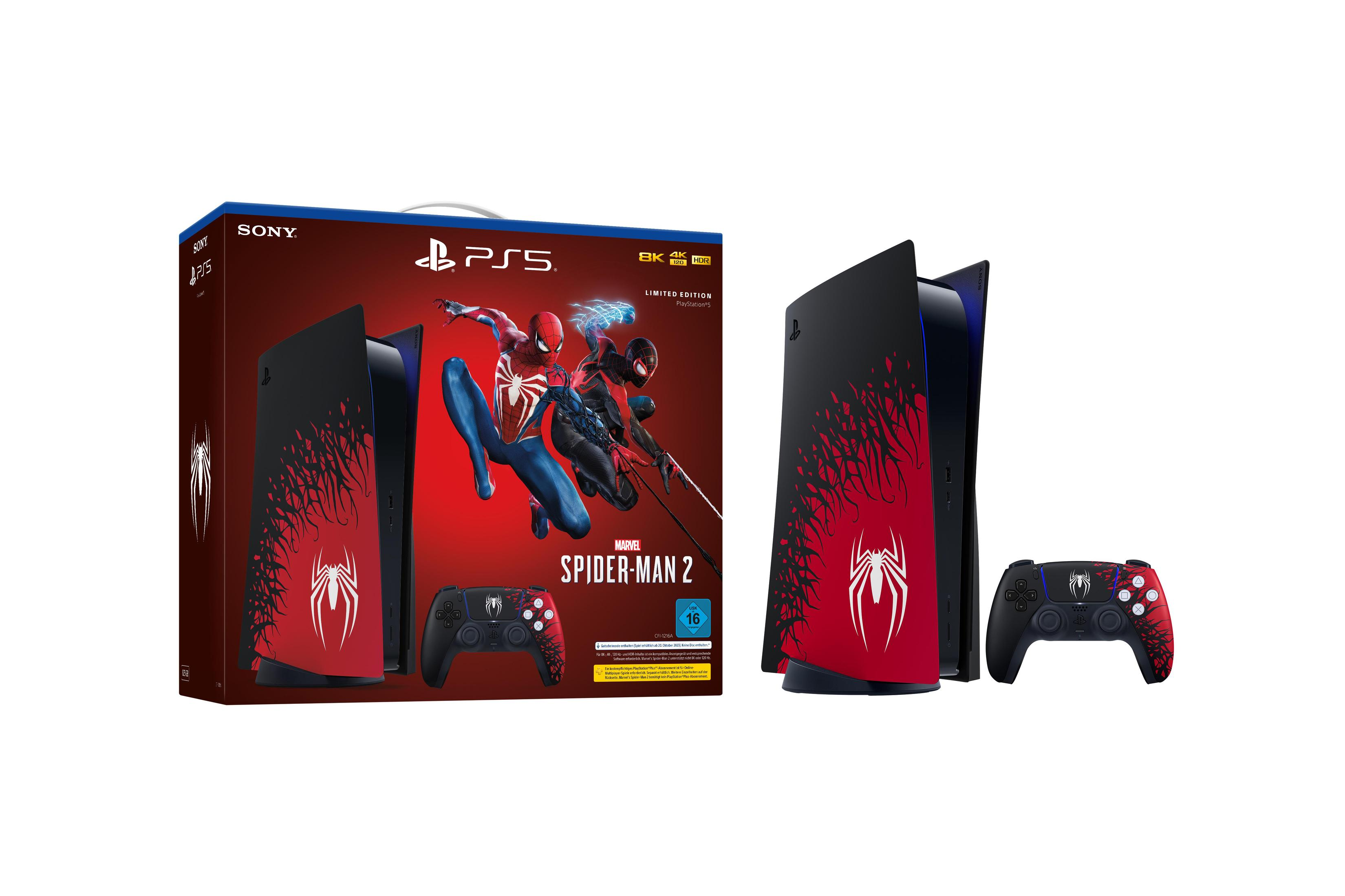 Eine PS5 Spider-Man 2 Limited Edition Konsole und Controller in einer Box, mit Spider-Man-Grafiken.