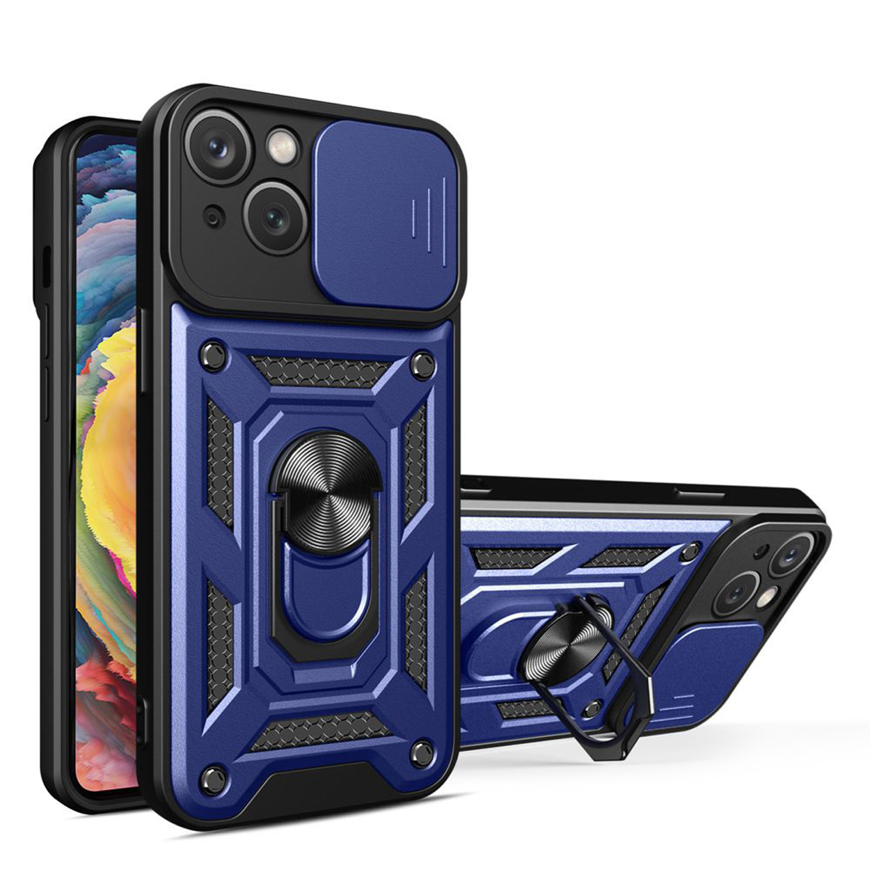 Étui de téléphone bleu et noir, avec protecteur de caméra et support d'anneau. Deux étuis visibles.