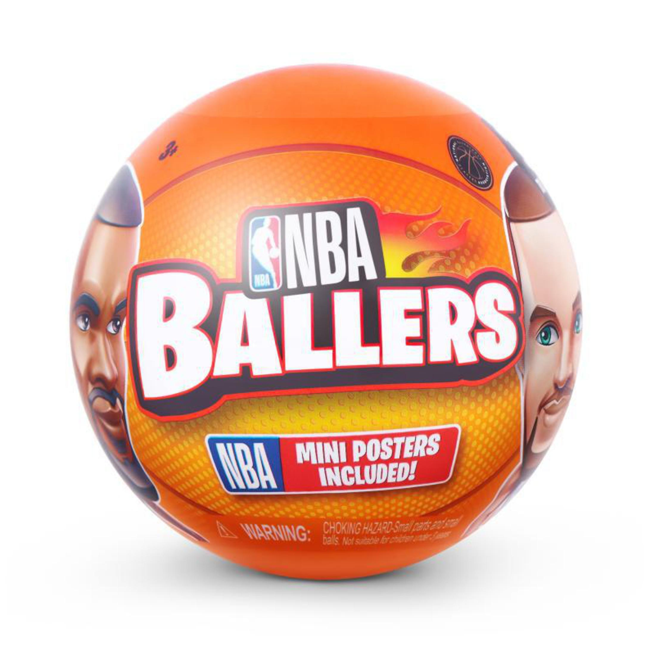 Orangener NBA Ballers Basketball mit Gesichtern und einer Warnung. Weißer Hintergrund.