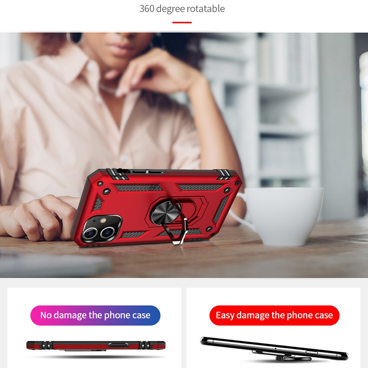 Handyhülle mit roter Rückseite. Das Telefon befindet sich in der Mitte des Bildes.
