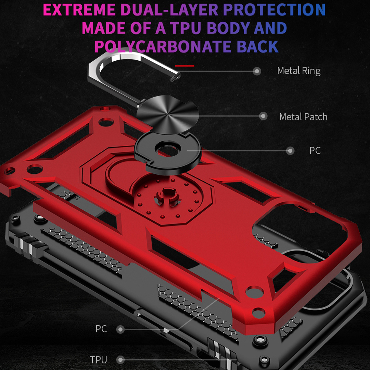 Explosionsansicht einer Handyhülle mit Schichten: Metallring, Metallpatch und TPU-Körper.