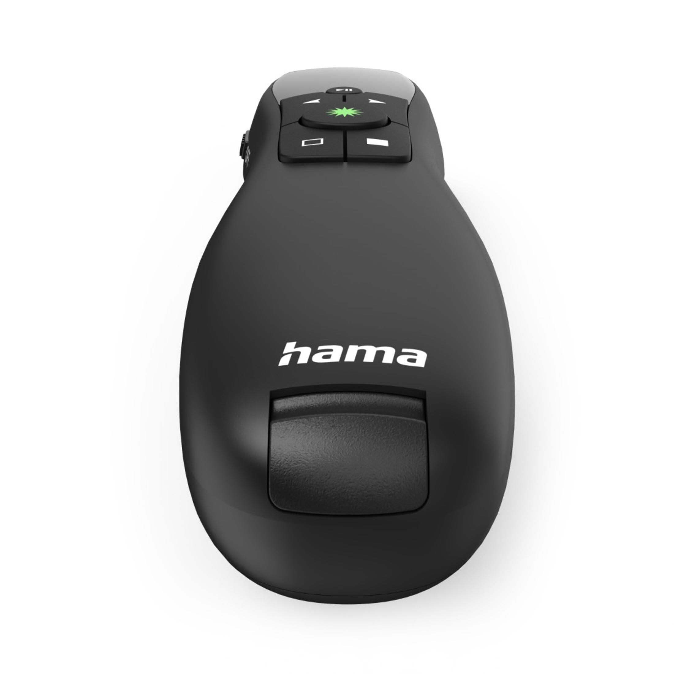 Schwarze Fernbedienung mit grünen und weißen Knöpfen, das Wort 'hama' ist weiß geschrieben.