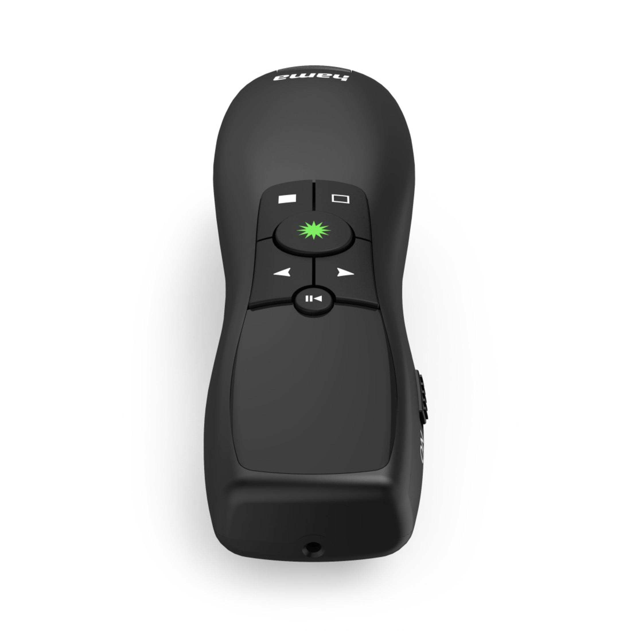 Schwarze Fernbedienung mit grünem Laserpointer-Knopf.