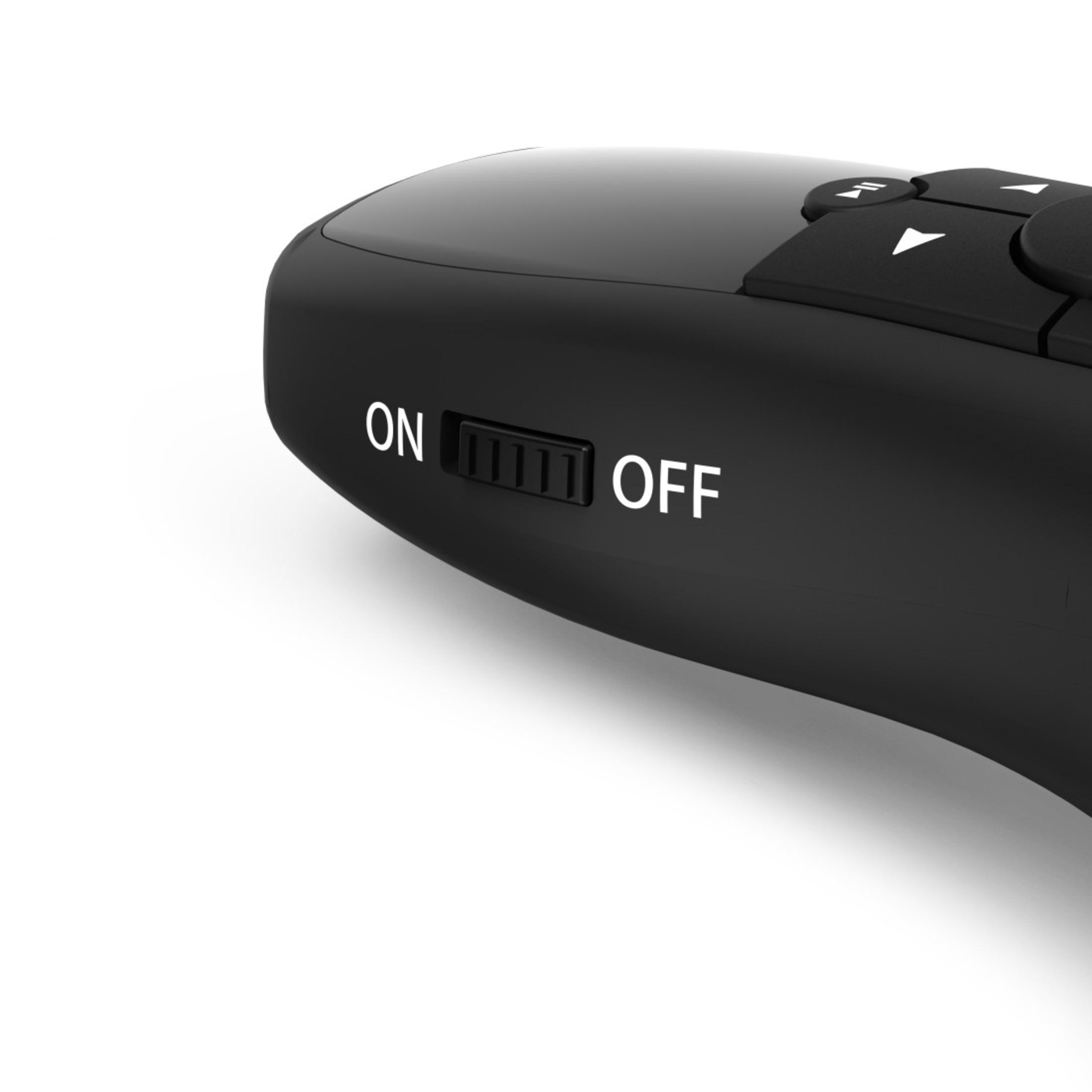 Eine schwarze Fernbedienung mit einem 'ON/OFF'-Schalter. 'OFF' steht neben dem Schalter.
