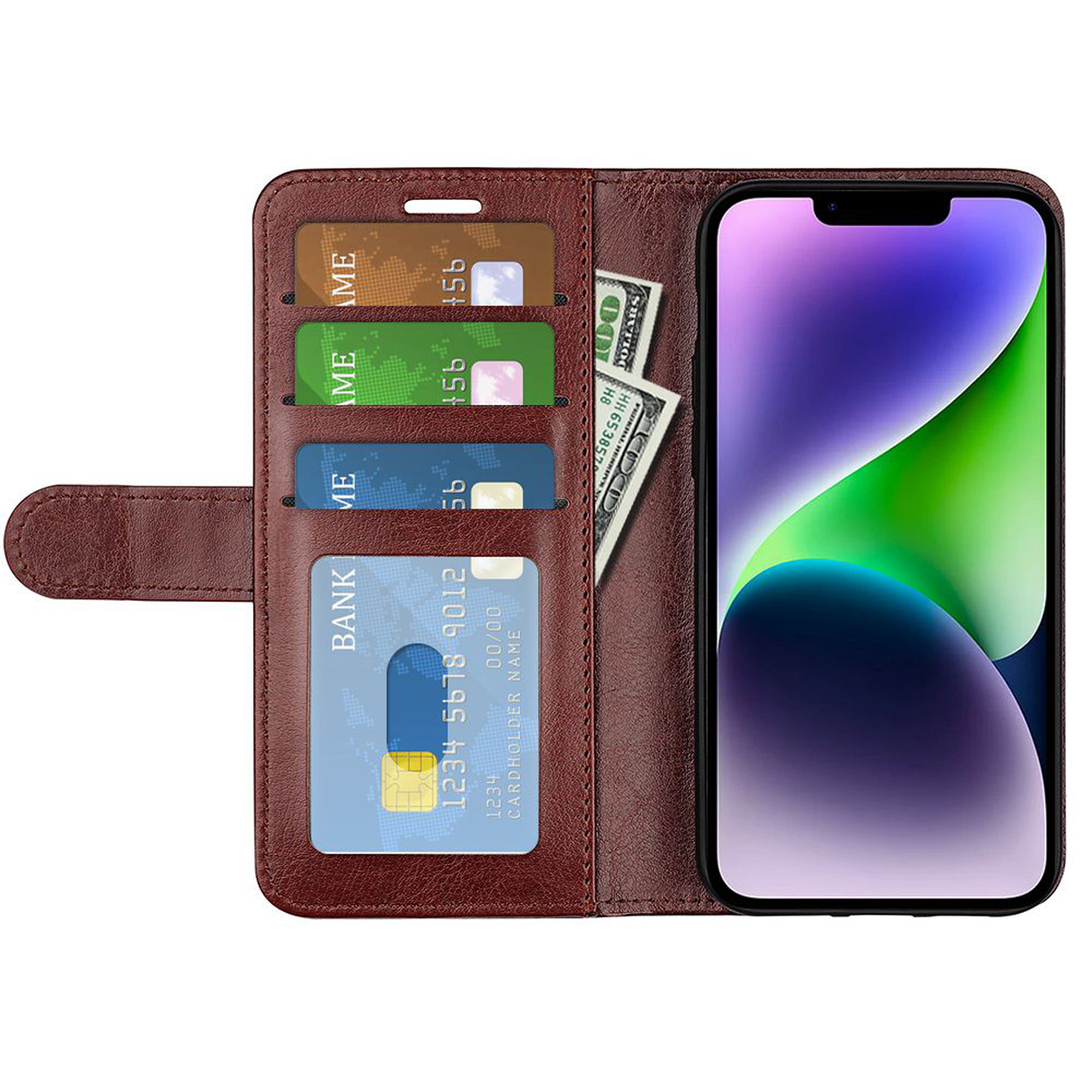 Brown leather wallet with cards, cash, and a smartphone. The phone is open, showing an interface.
