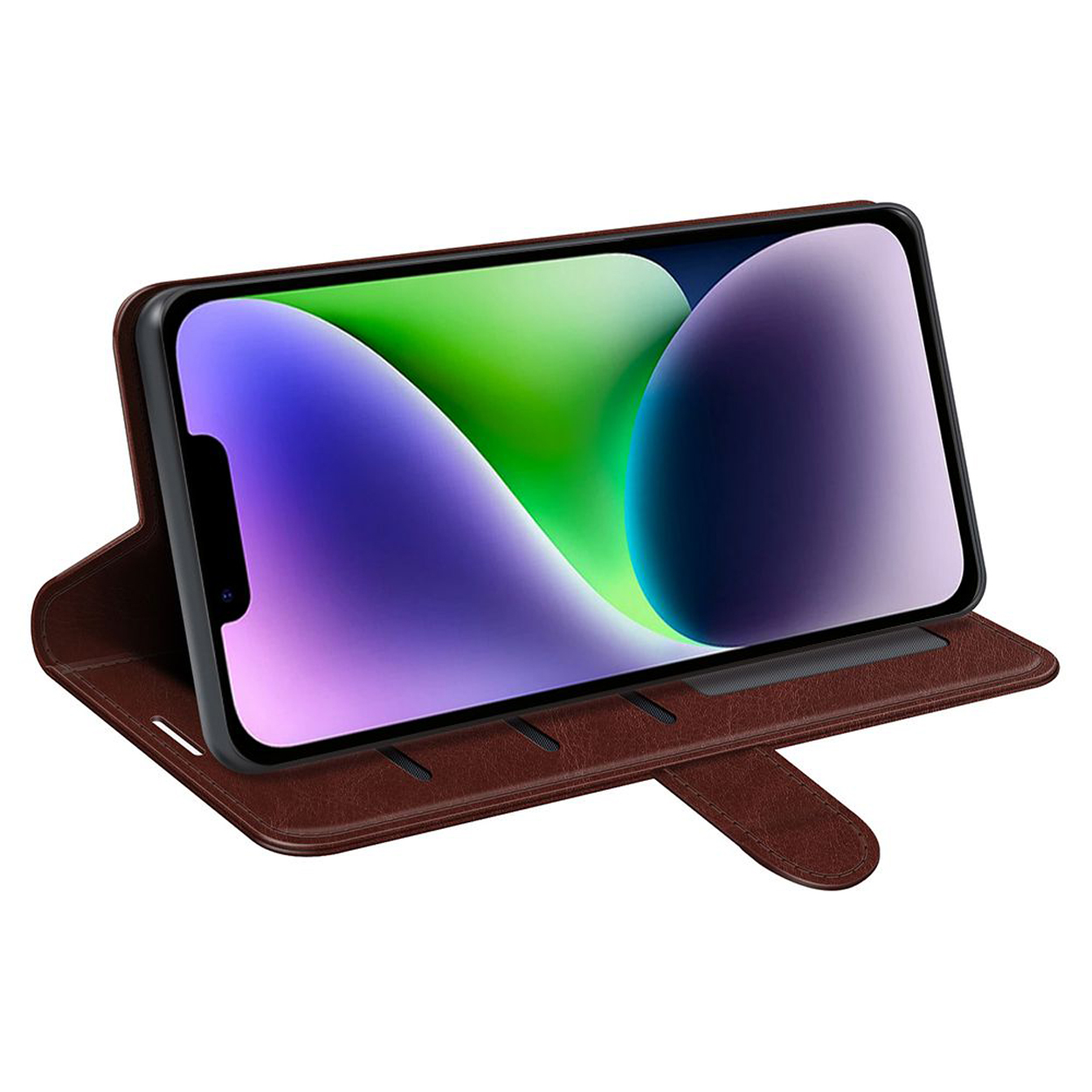 Brown phone case with a phone inside. The phone is black and has a large screen.