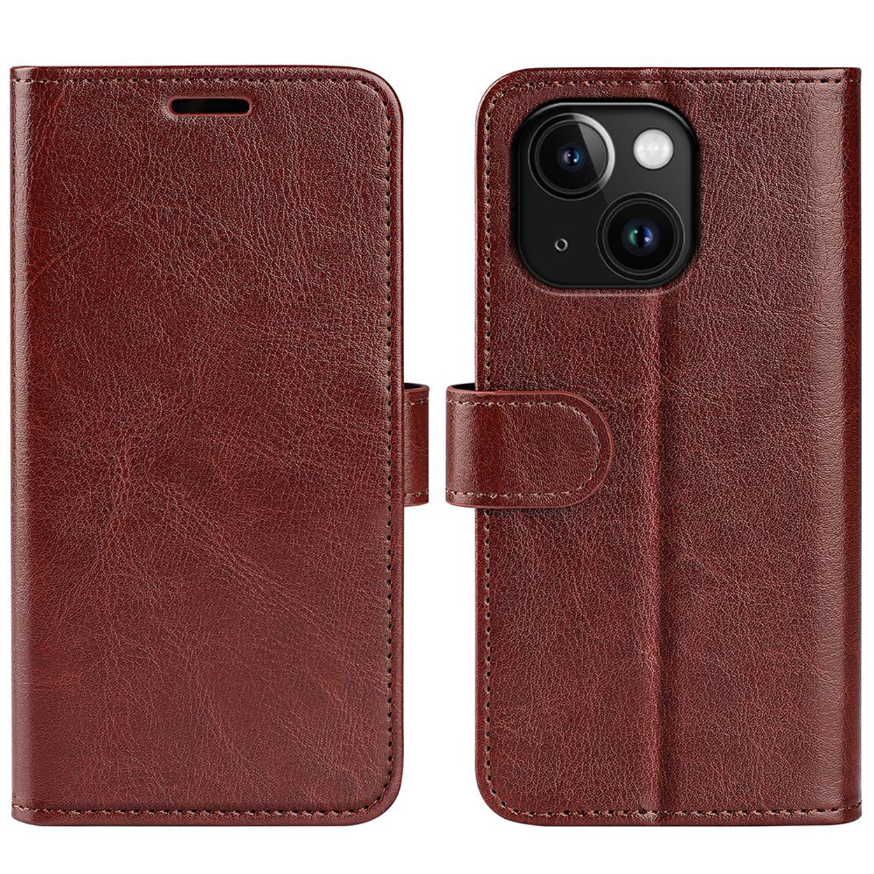 A brown leather phone case, open and closed, with a magnetic clasp.