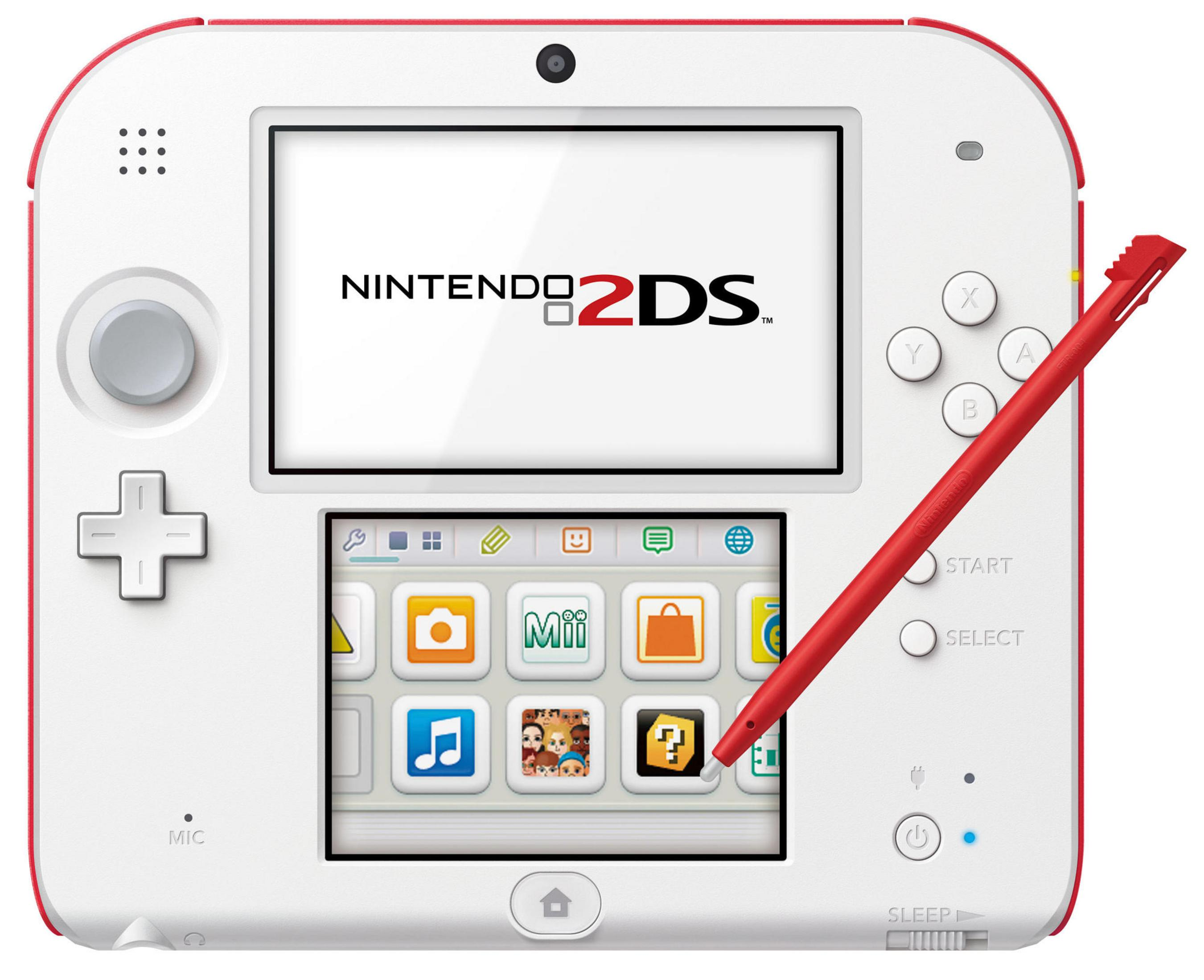 Nintendo 2DS in Weiß und Rot mit rotem Stift. Zeigt das Hauptmenü auf dem Bildschirm.