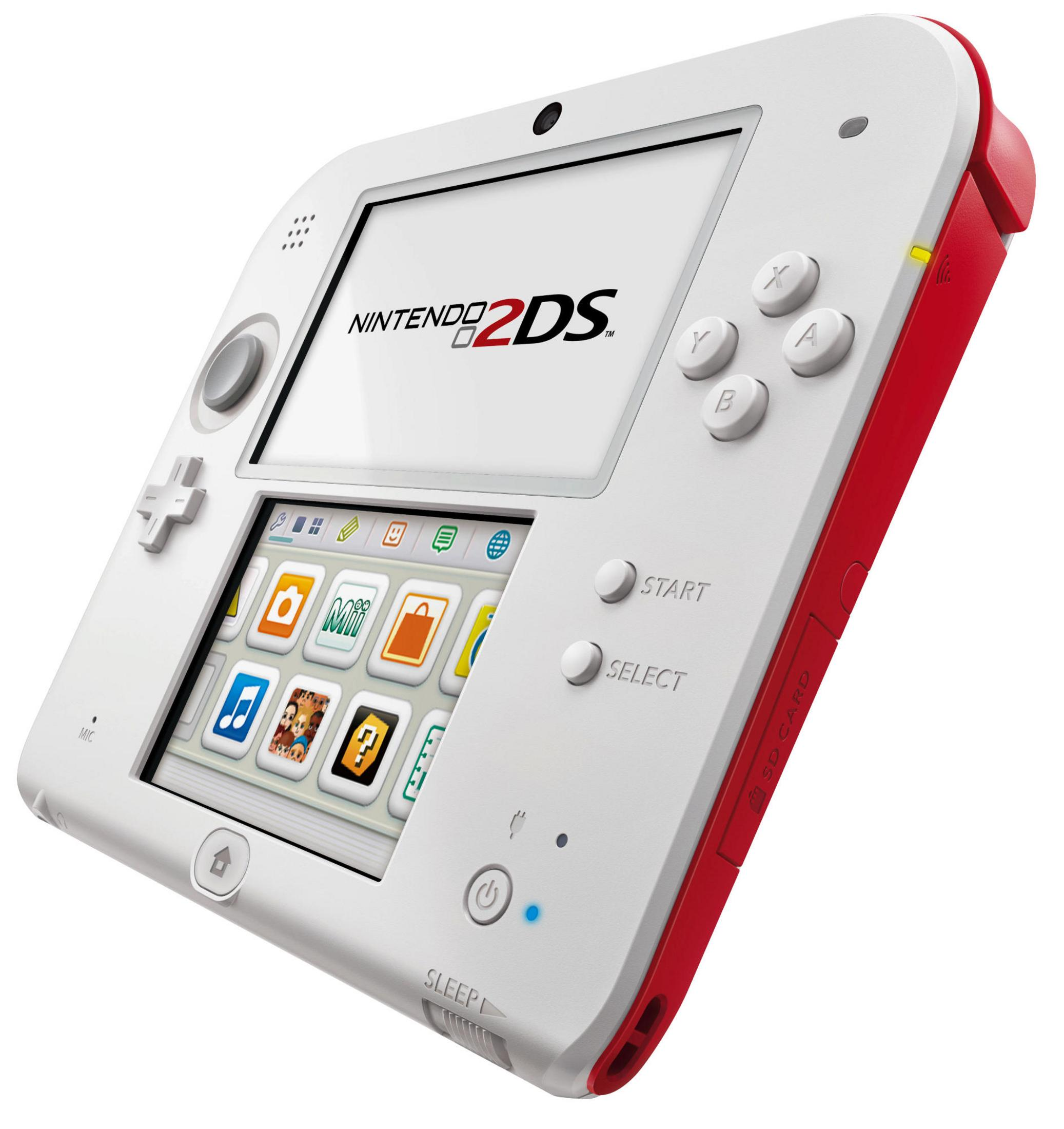 Eine weiß-rote Nintendo 2DS-Handheld-Konsole mit Knöpfen und zwei Bildschirmen.