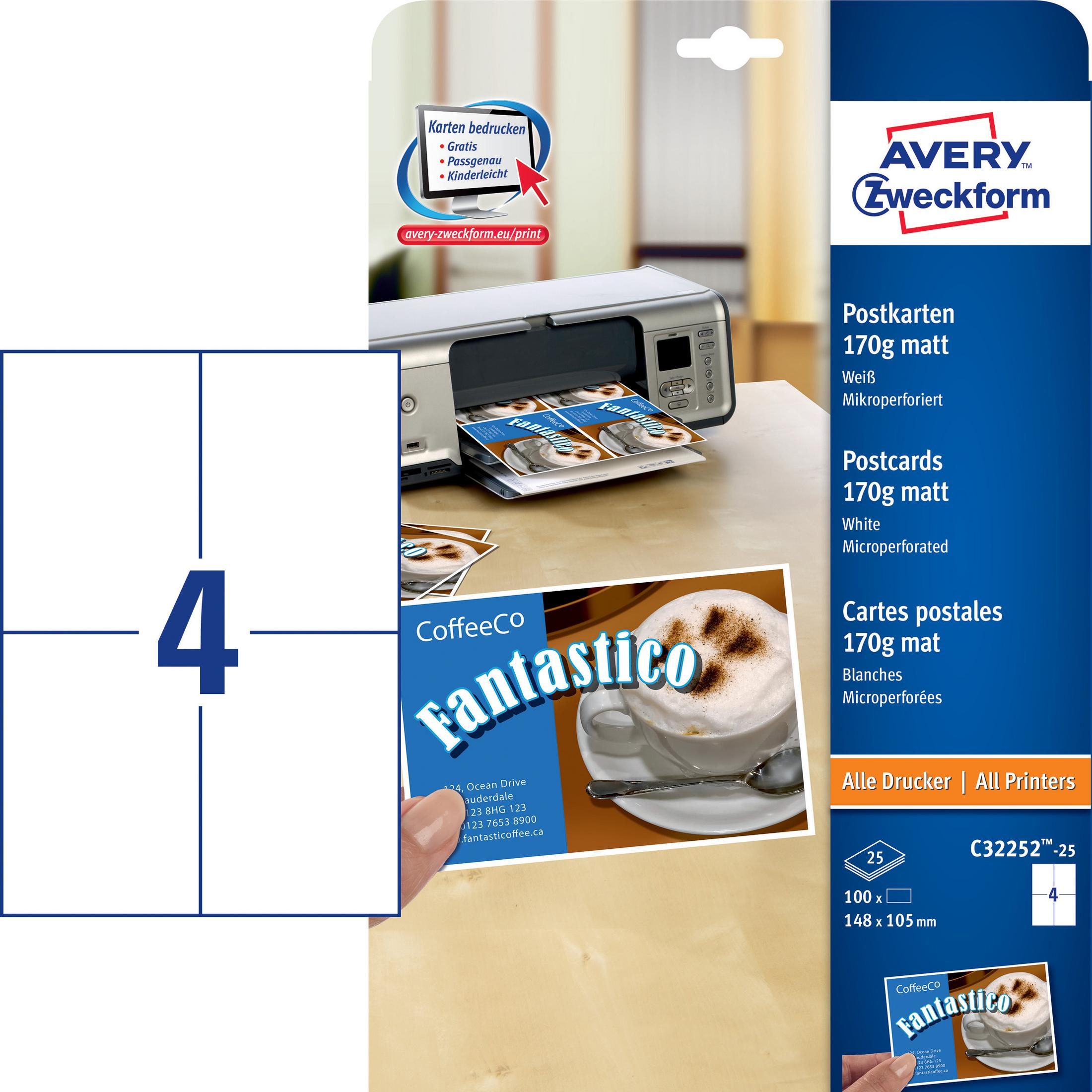 Avery Zweckform Postkarten mit vier leeren Bereichen und einer gedruckten Postkarte.