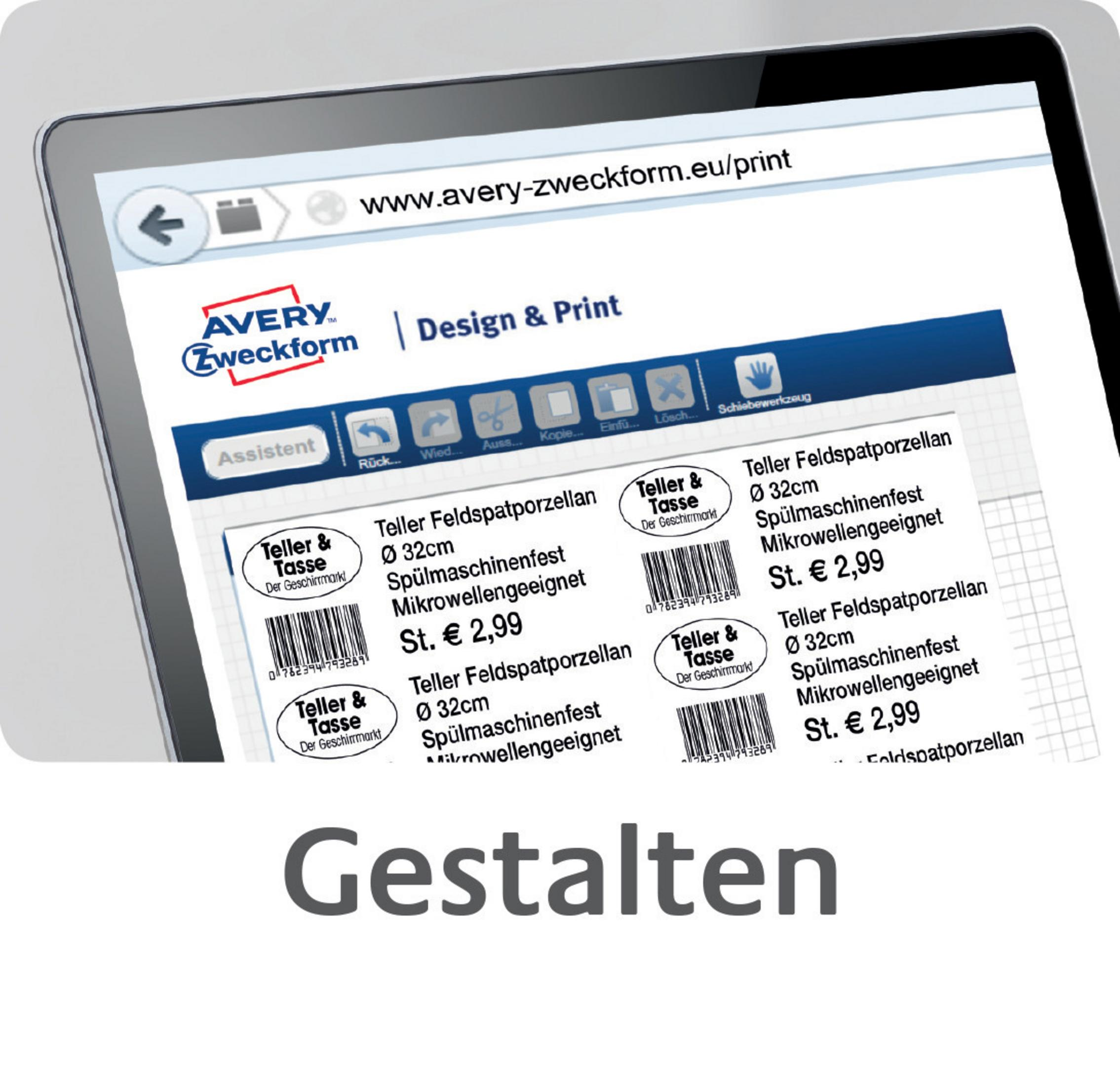 Tablet zeigt avery-zweckform.eu, mit Produktetiketten und dem Wort 'Gestalten' darunter.