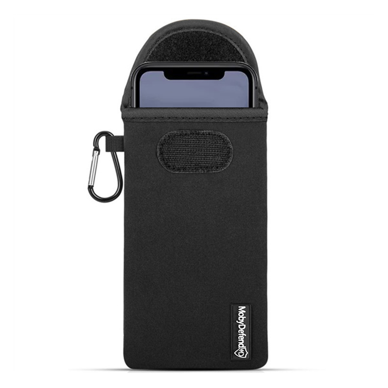 Housse de téléphone noire avec un mousqueton.